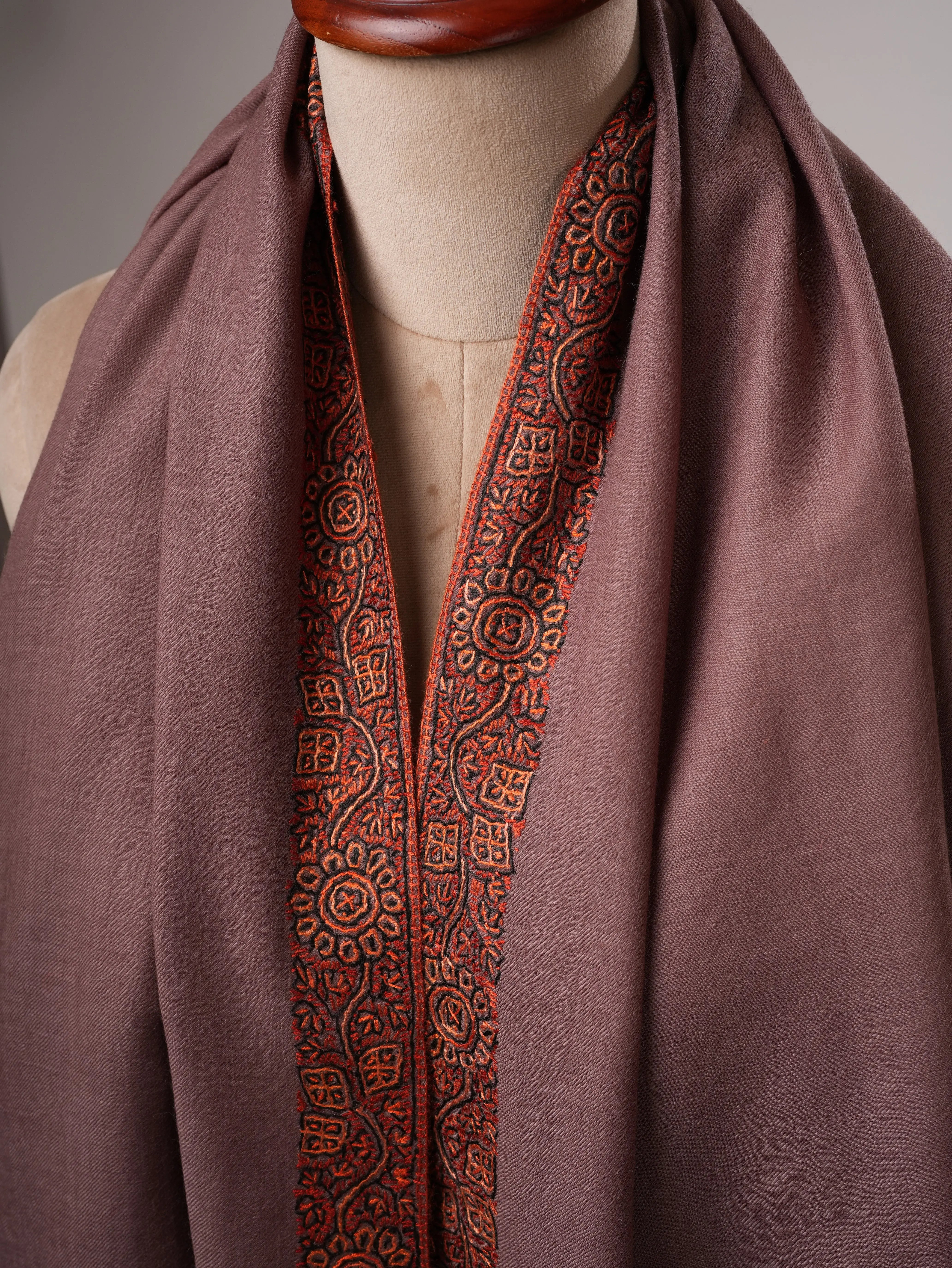 Fine Wool Shawl in Mauve with Hand Embroidered Neemdaur Motifs Shahkaar