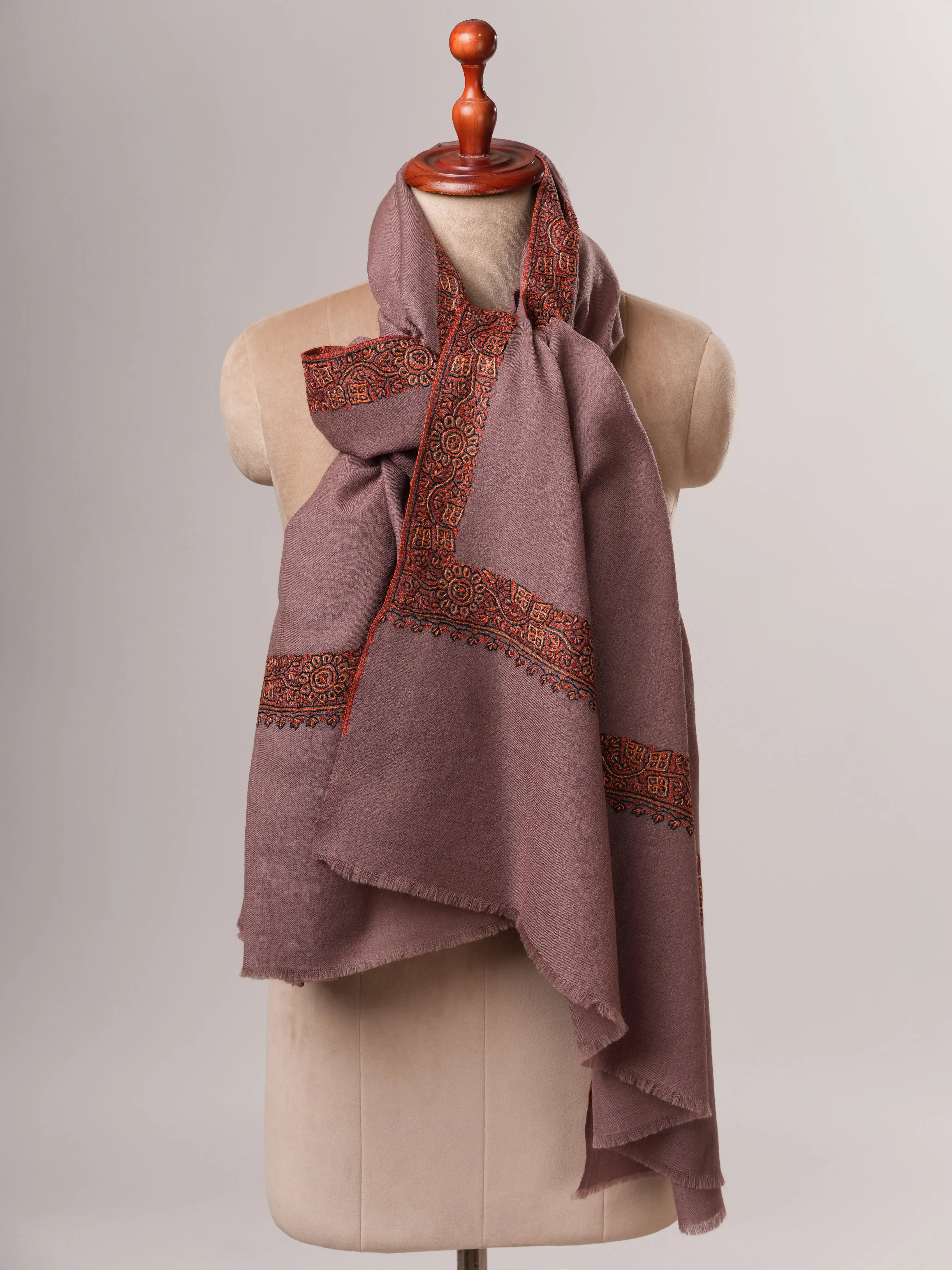 Fine Wool Shawl in Mauve with Hand Embroidered Neemdaur Motifs Shahkaar