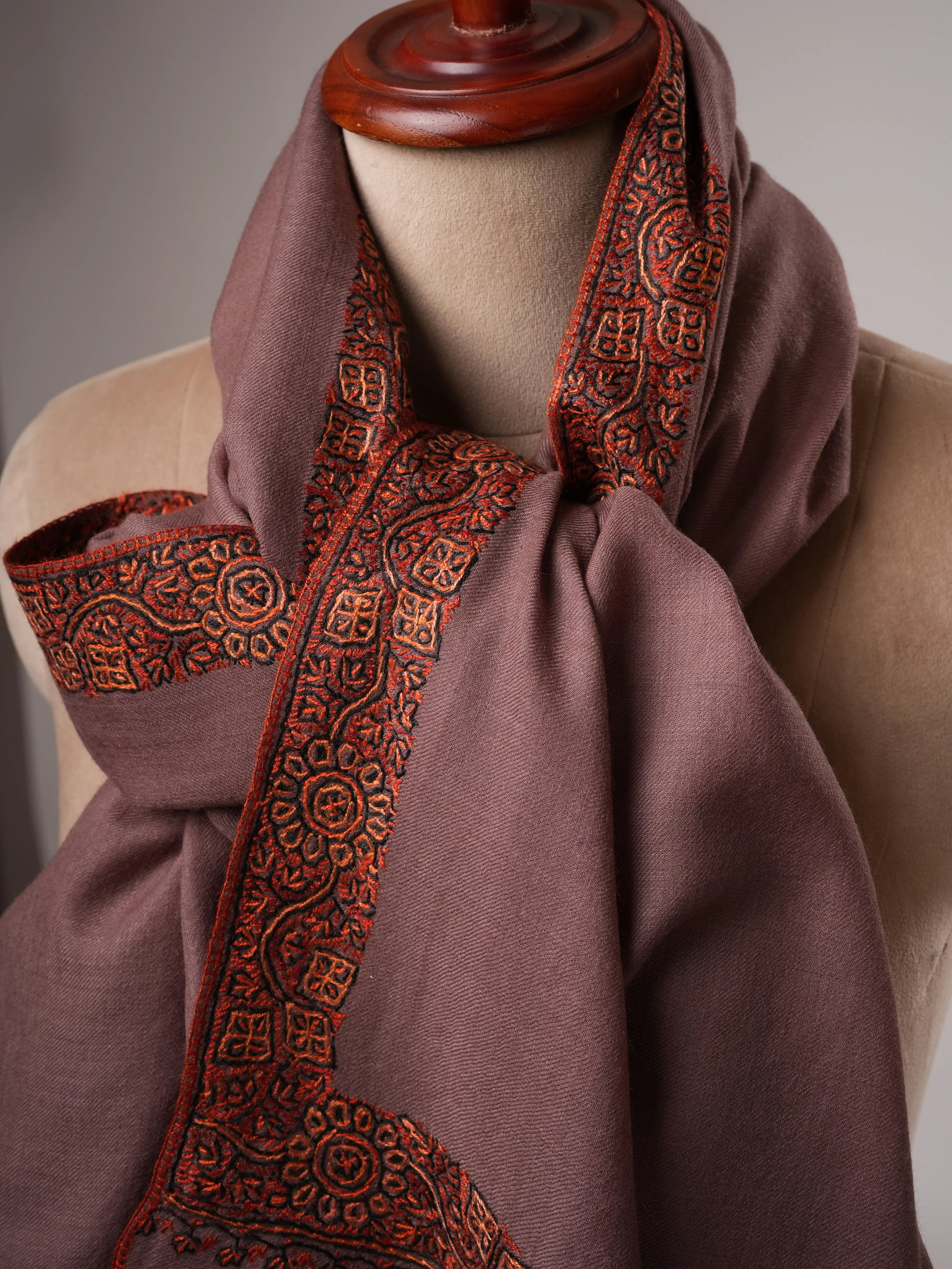 Fine Wool Shawl in Mauve with Hand Embroidered Neemdaur Motifs Shahkaar