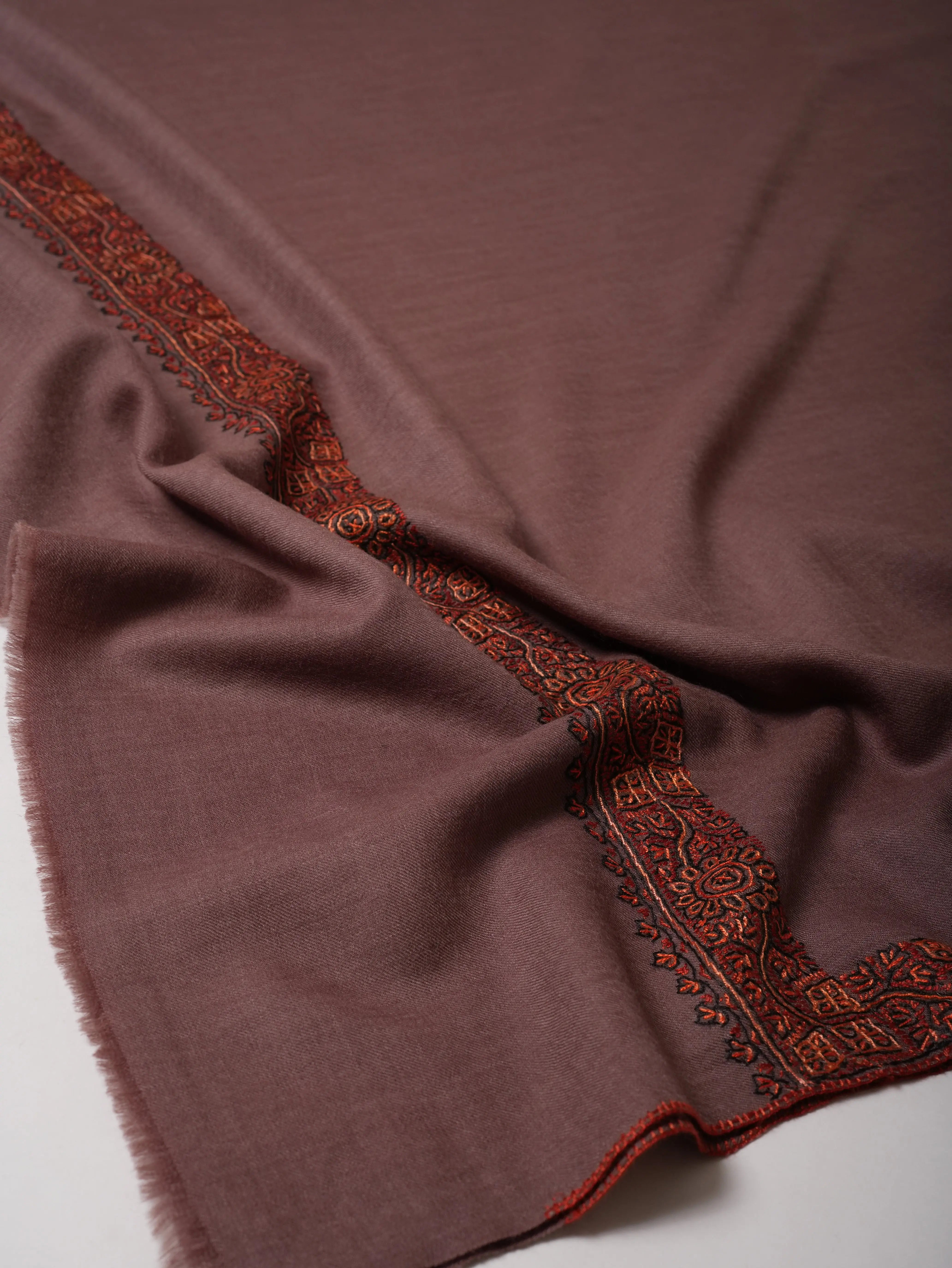 Fine Wool Shawl in Mauve with Hand Embroidered Neemdaur Motifs Shahkaar