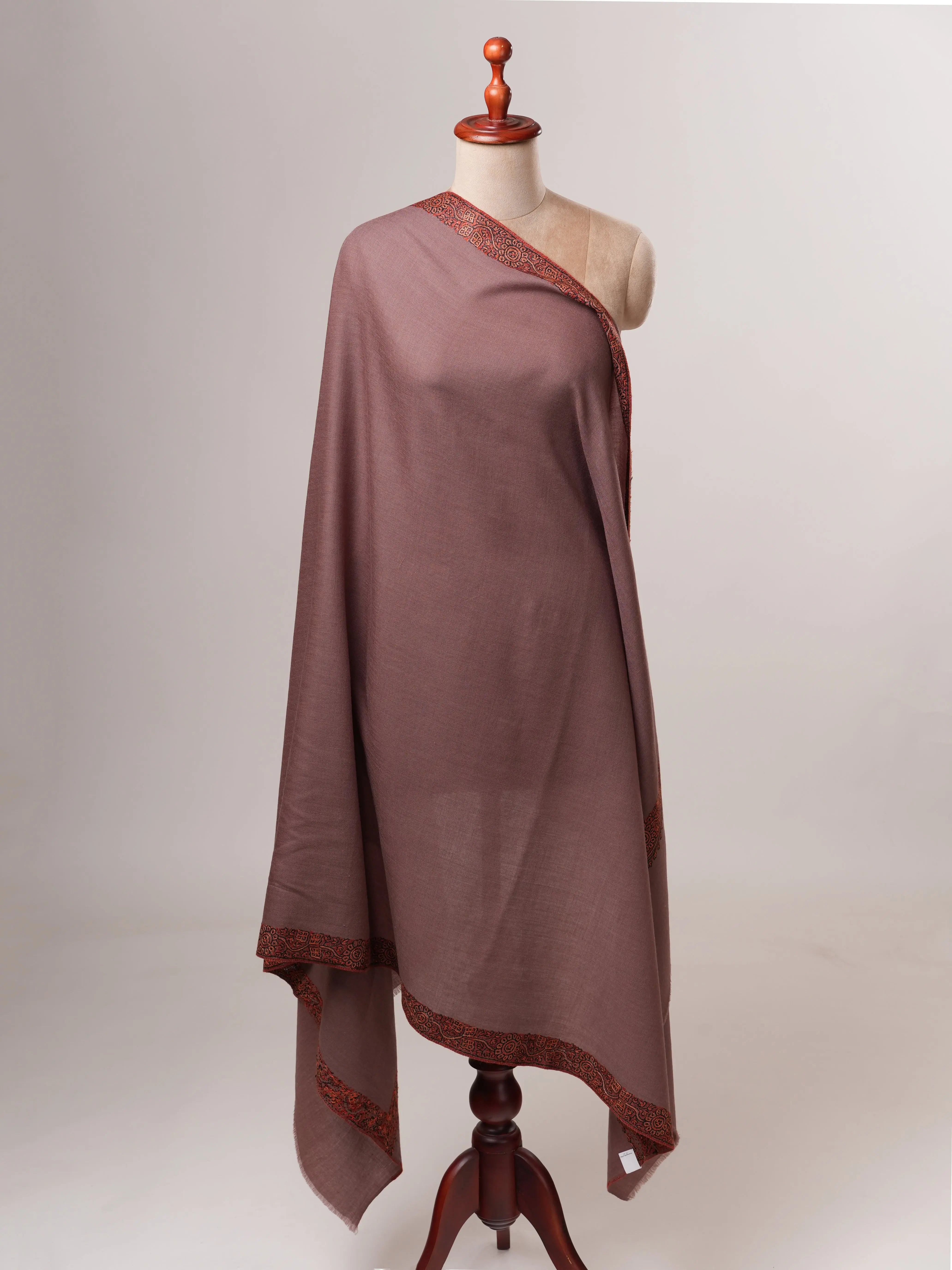 Fine Wool Shawl in Mauve with Hand Embroidered Neemdaur Motifs Shahkaar