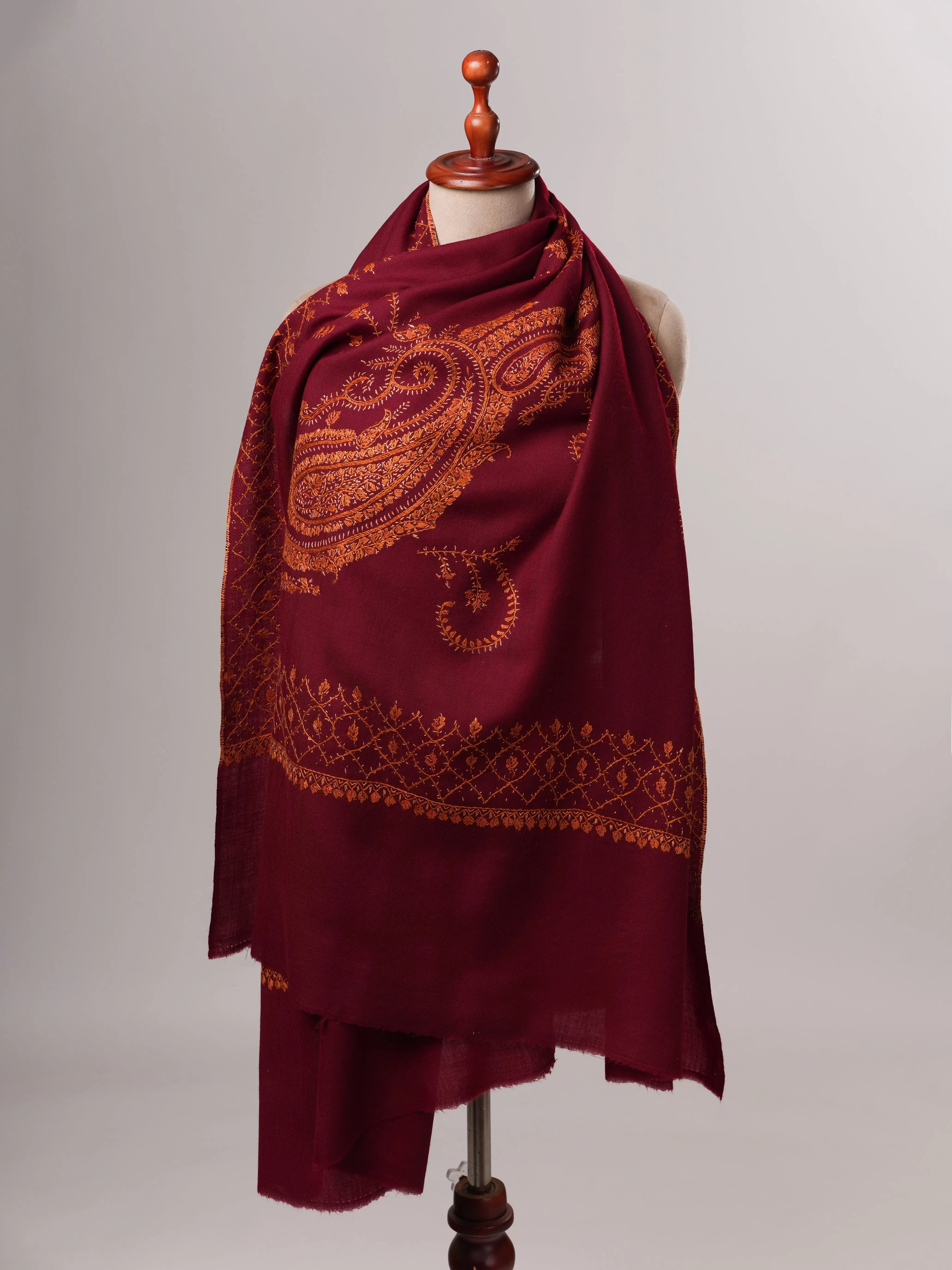 Handcrafted Maroon Fine Wool Shawl with Paisley Embroidery Shahkaar