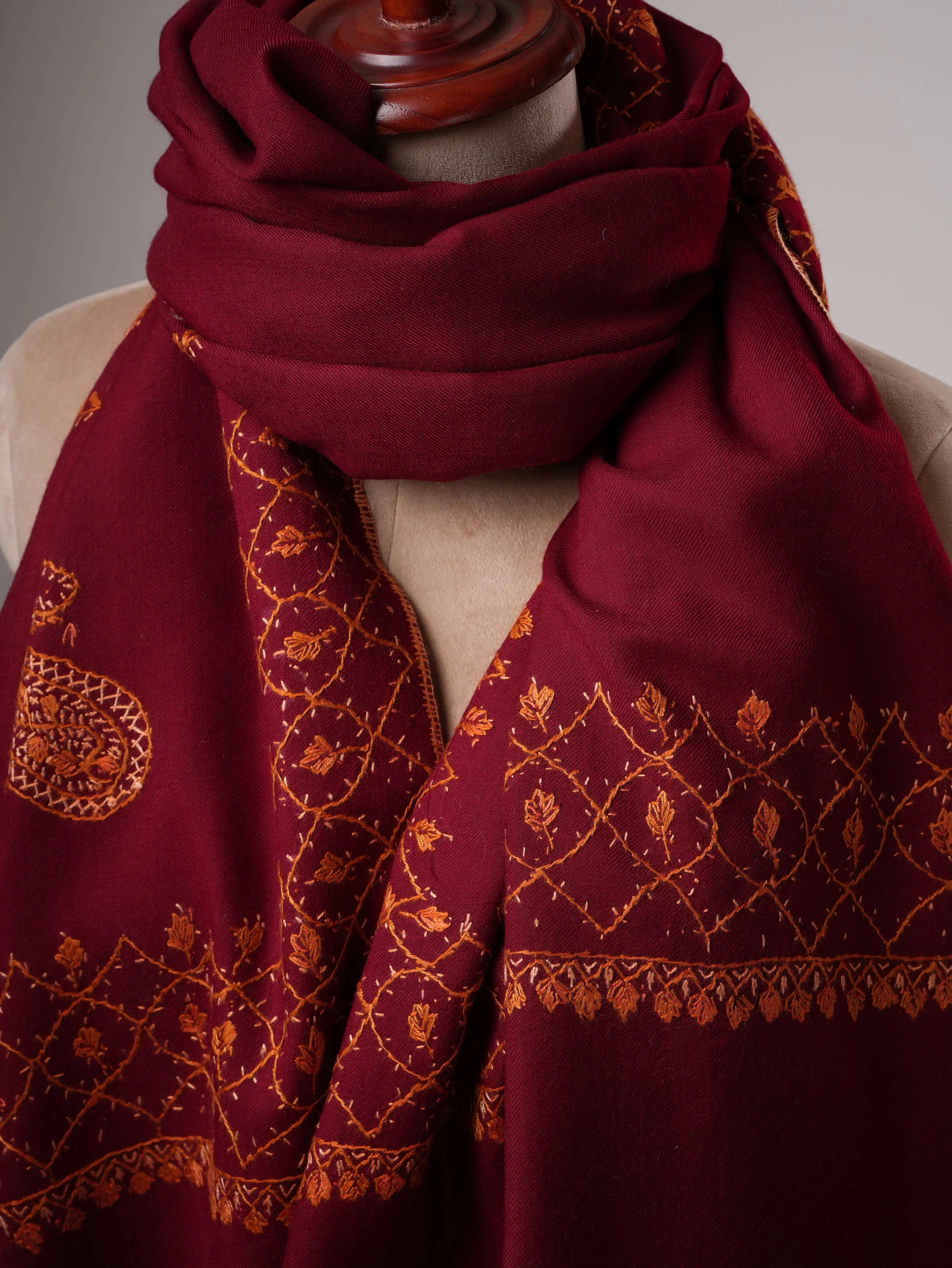 Handcrafted Maroon Fine Wool Shawl with Paisley Embroidery Shahkaar