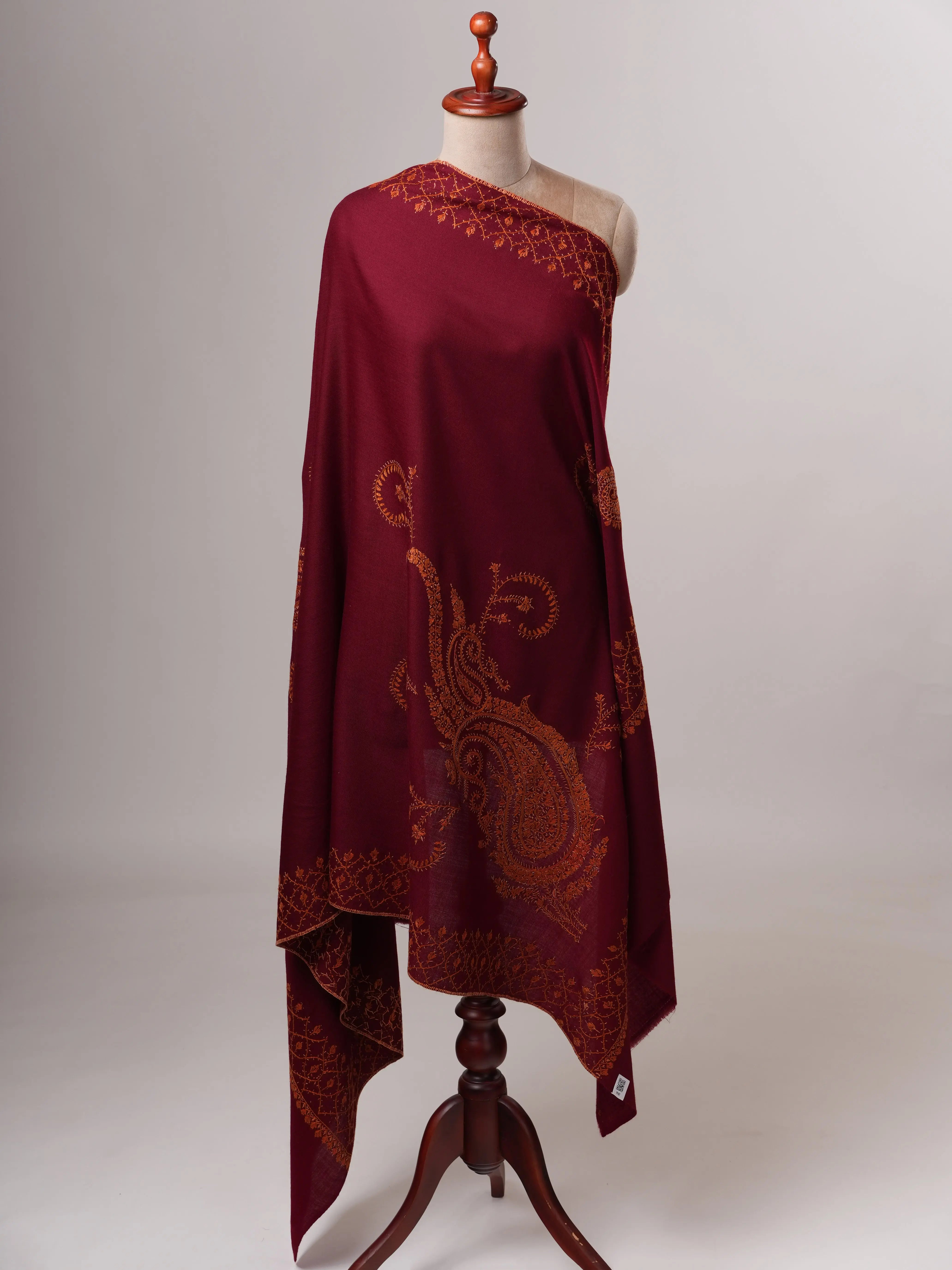 Handcrafted Maroon Fine Wool Shawl with Paisley Embroidery Shahkaar