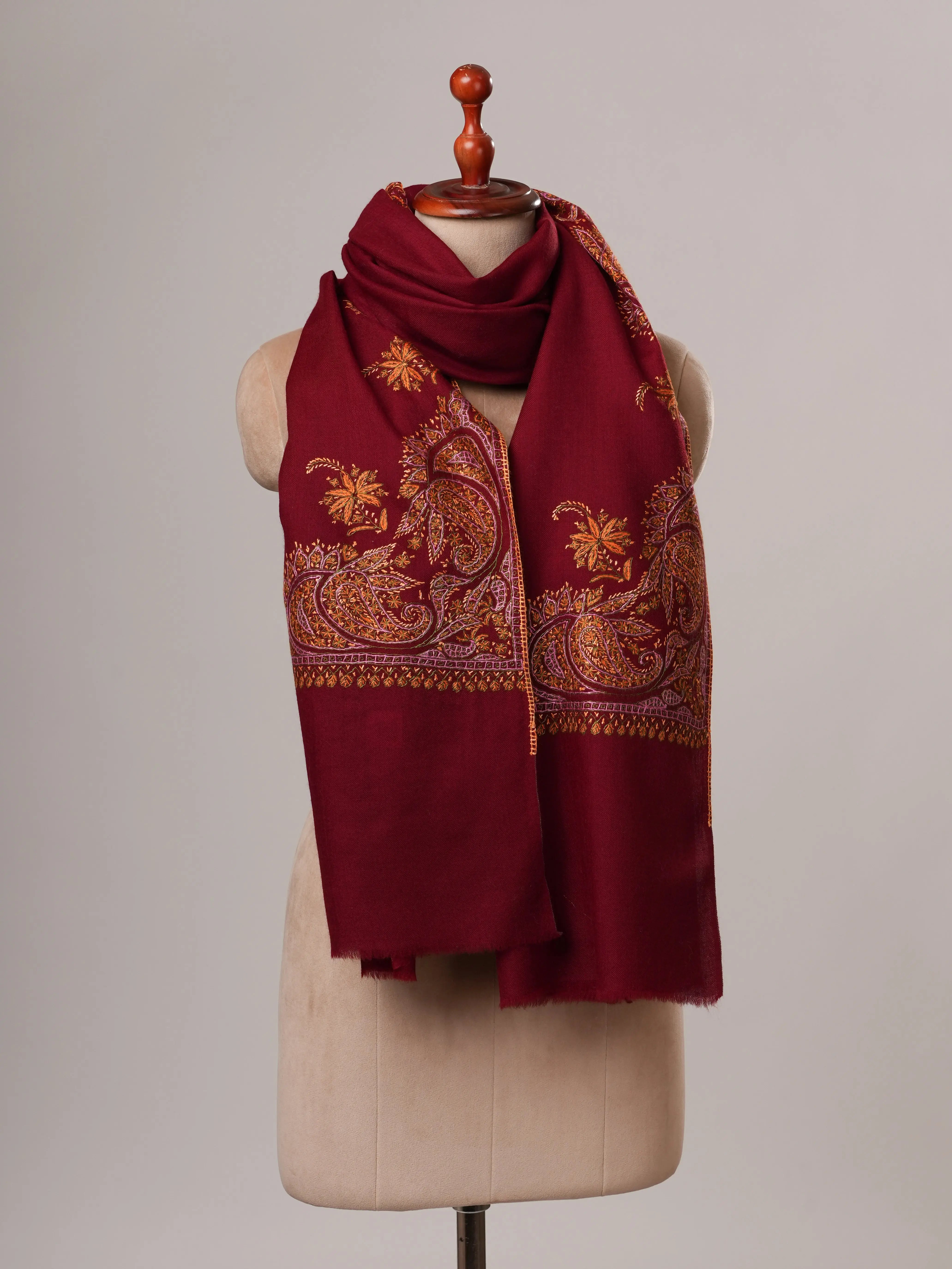 Maroon Daurdar Hand Embroidered Fine Wool Shawl Shahkaar