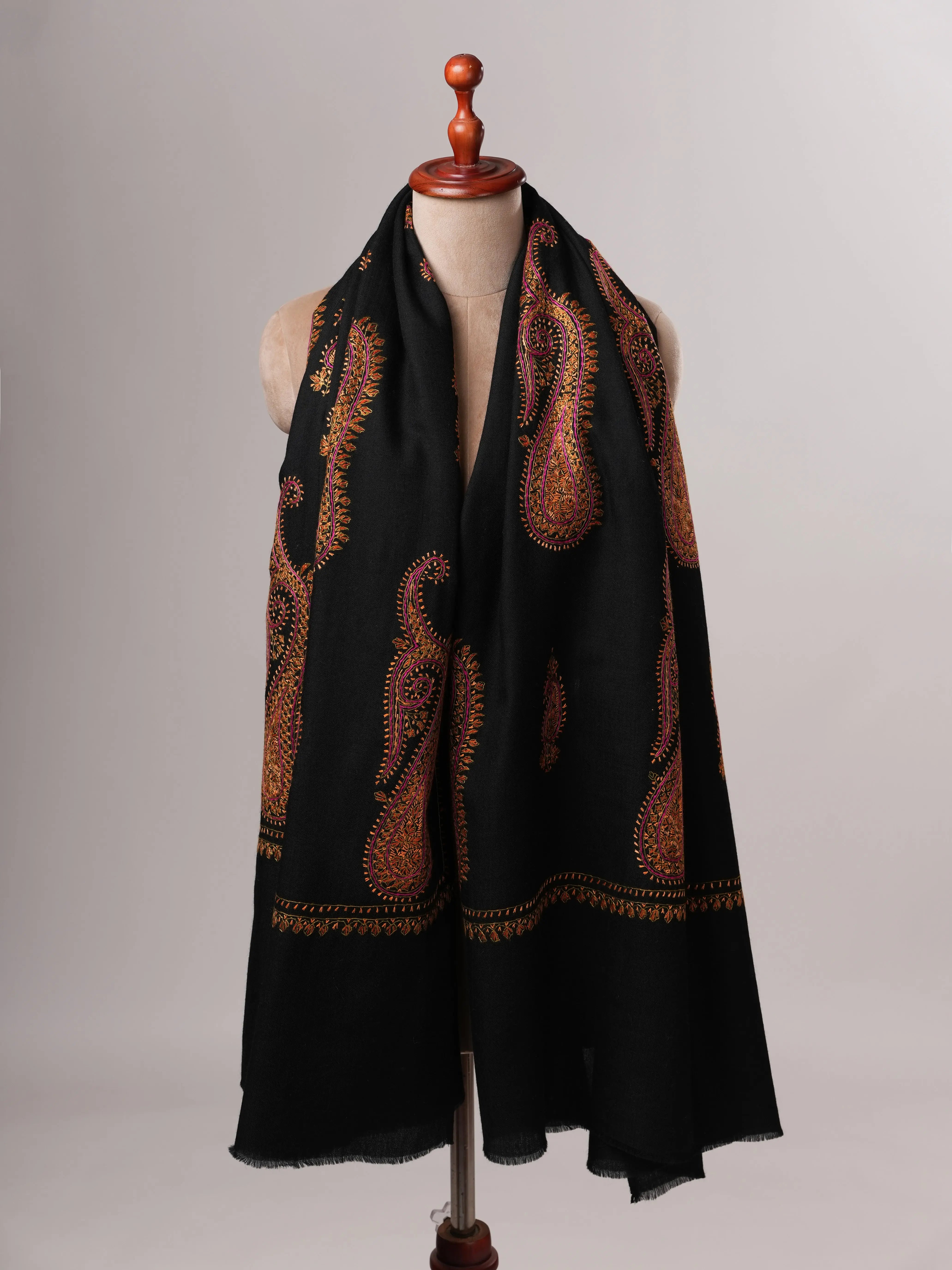 Fine Wool Black Shawl with Hand-Embroidered Paisley Motifs Shahkaar
