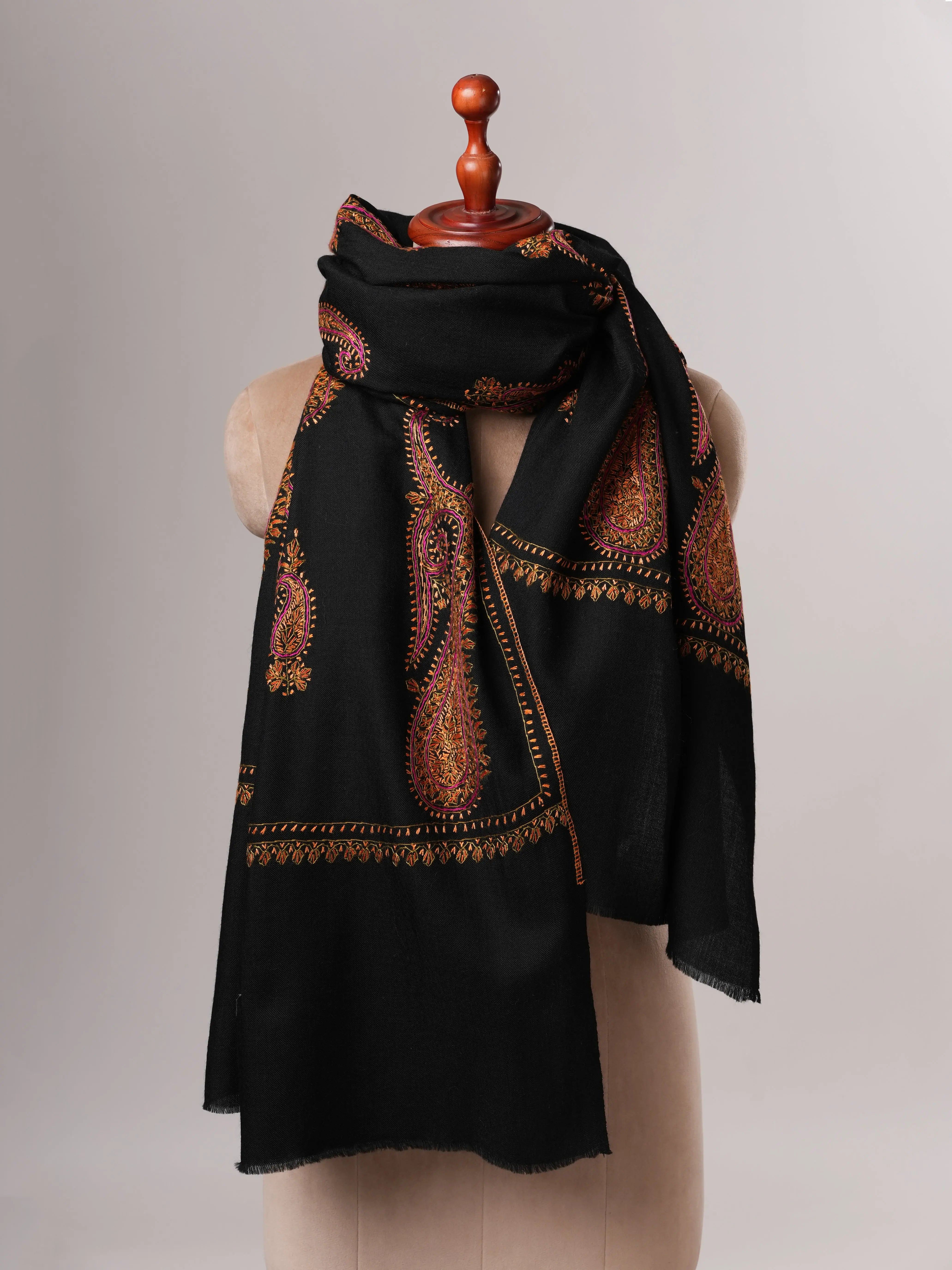 Fine Wool Black Shawl with Hand-Embroidered Paisley Motifs Shahkaar