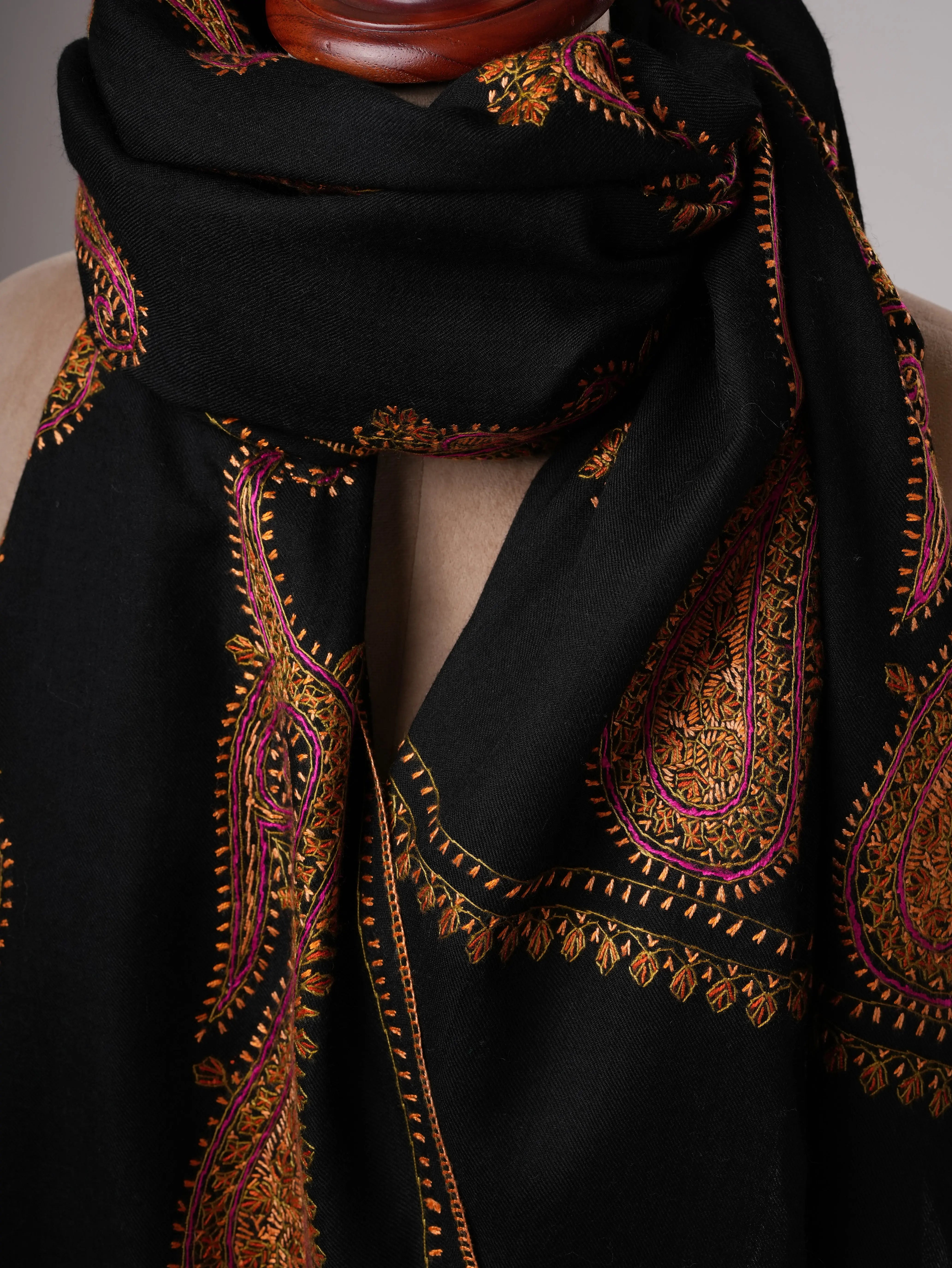 Fine Wool Black Shawl with Hand-Embroidered Paisley Motifs Shahkaar