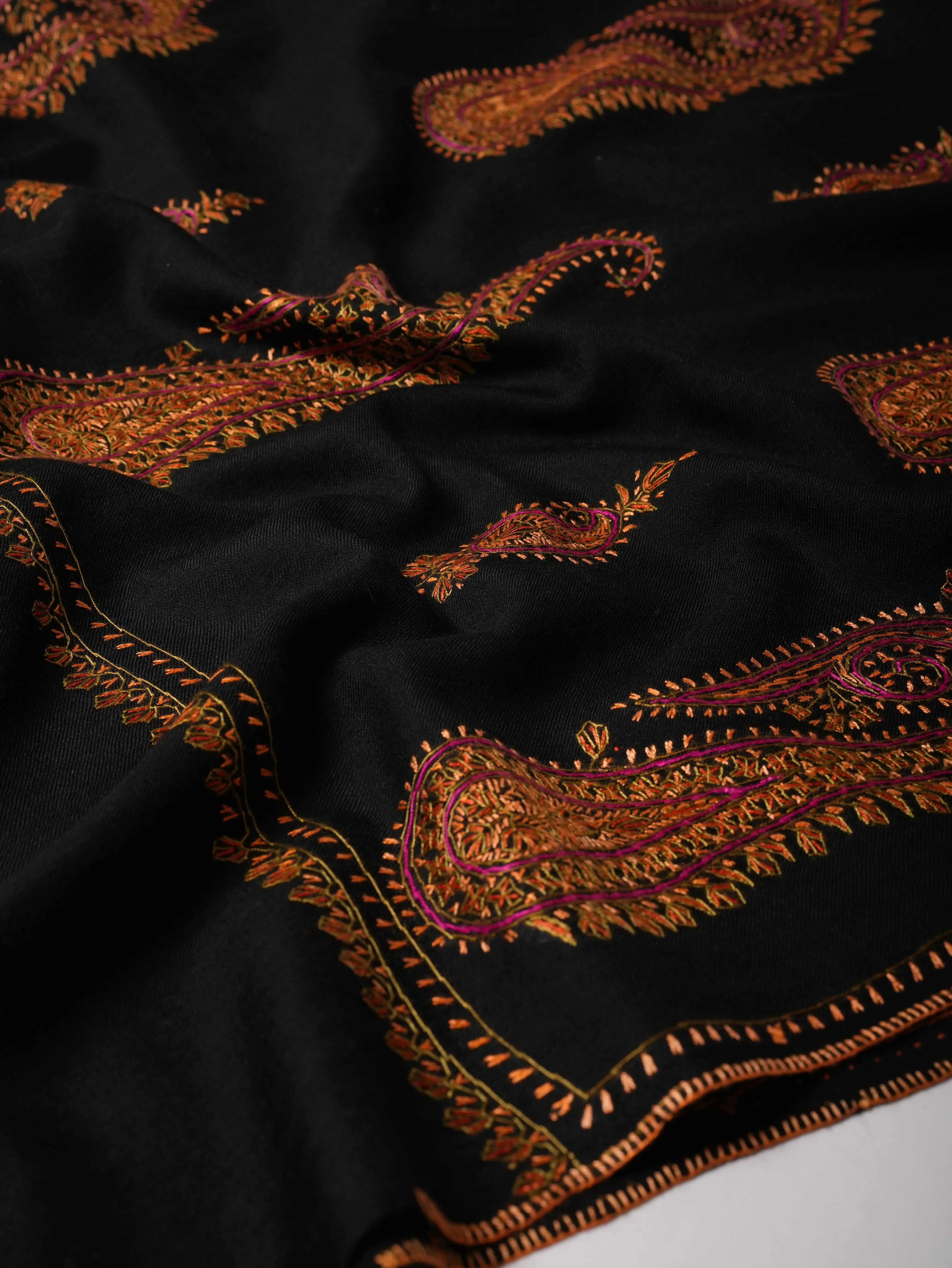 Fine Wool Black Shawl with Hand-Embroidered Paisley Motifs Shahkaar