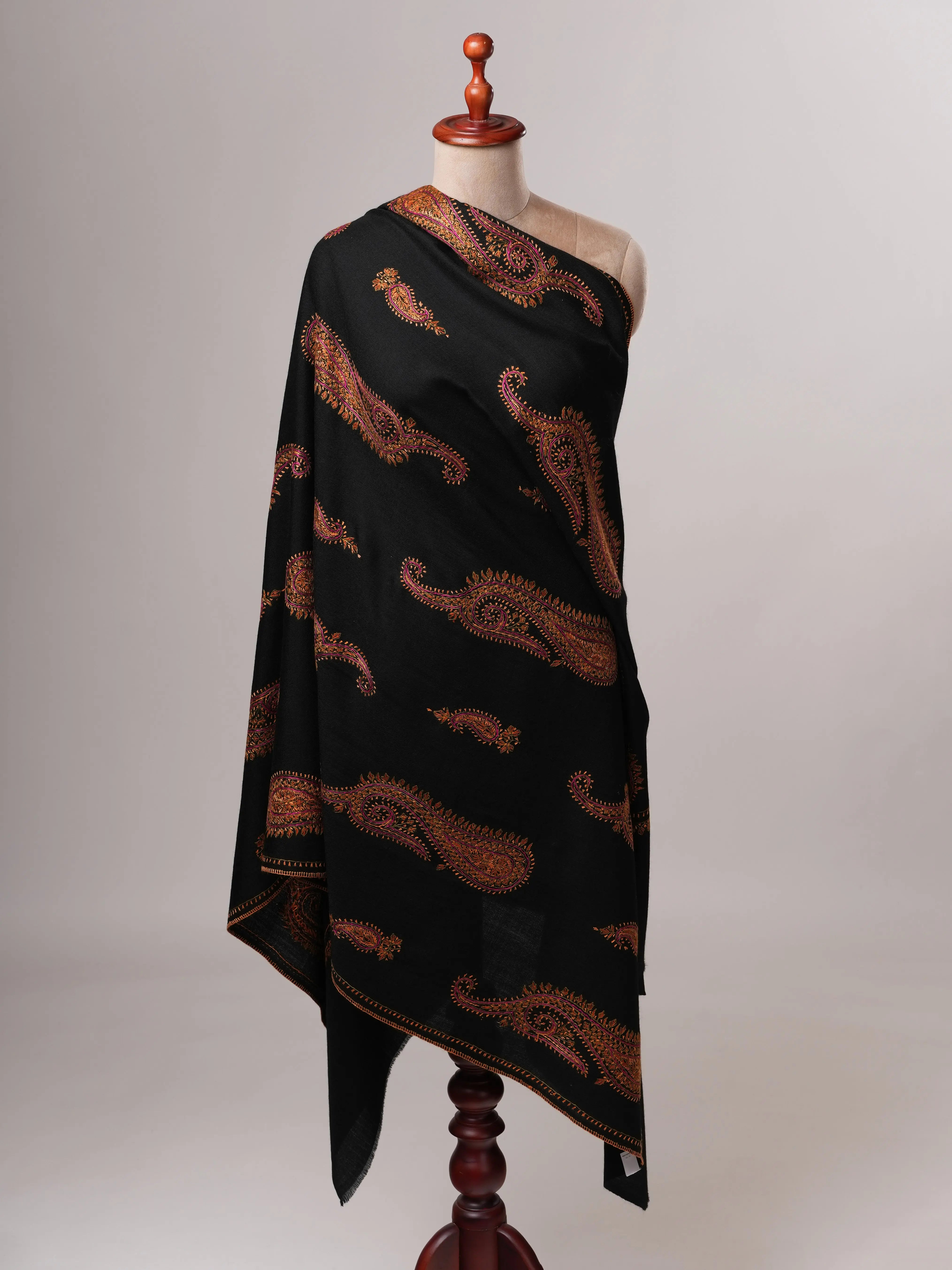 Fine Wool Black Shawl with Hand-Embroidered Paisley Motifs Shahkaar