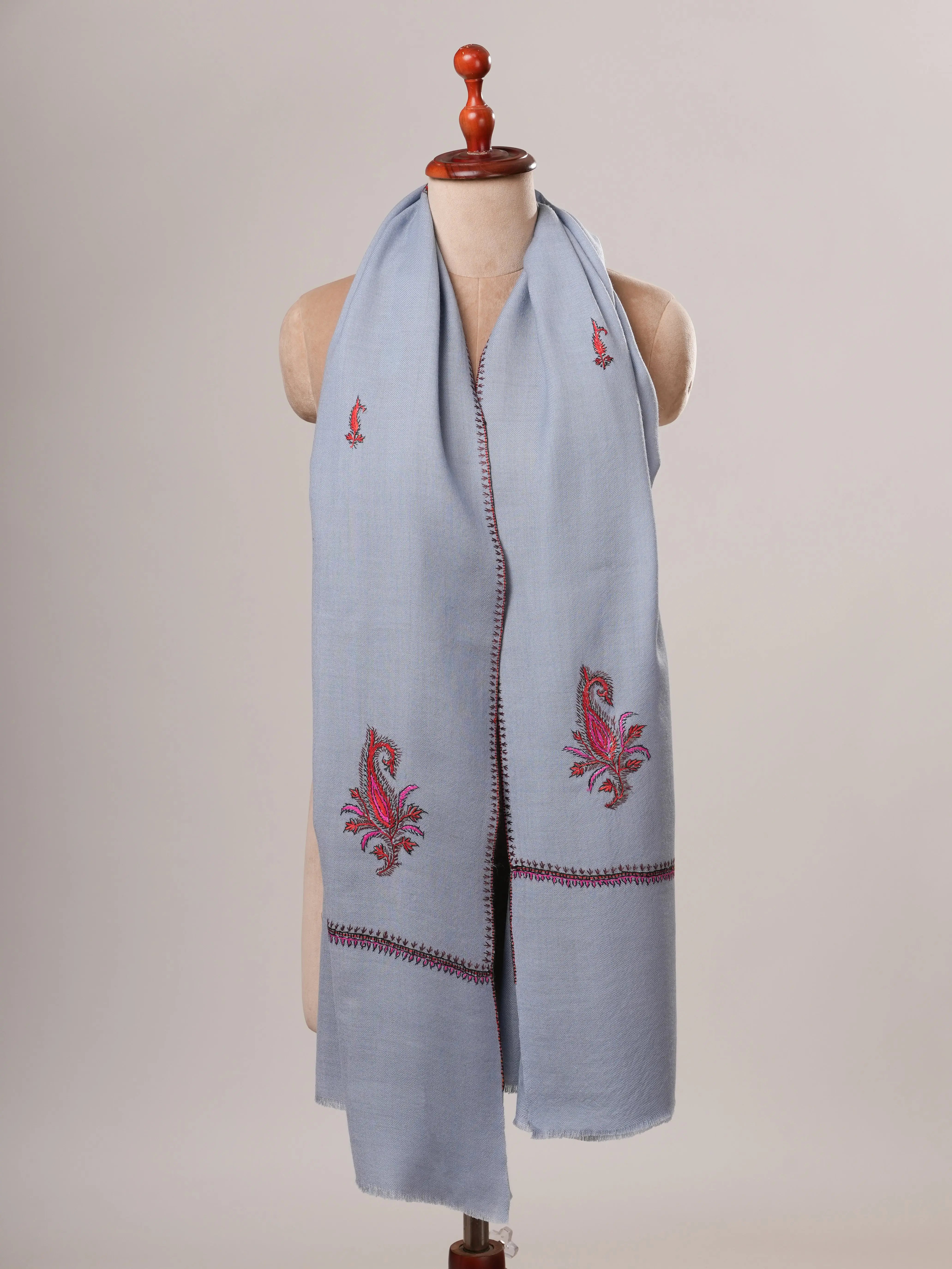 Baby Blue Aksi Hand Embroidered Fine Wool Shawl Shahkaar