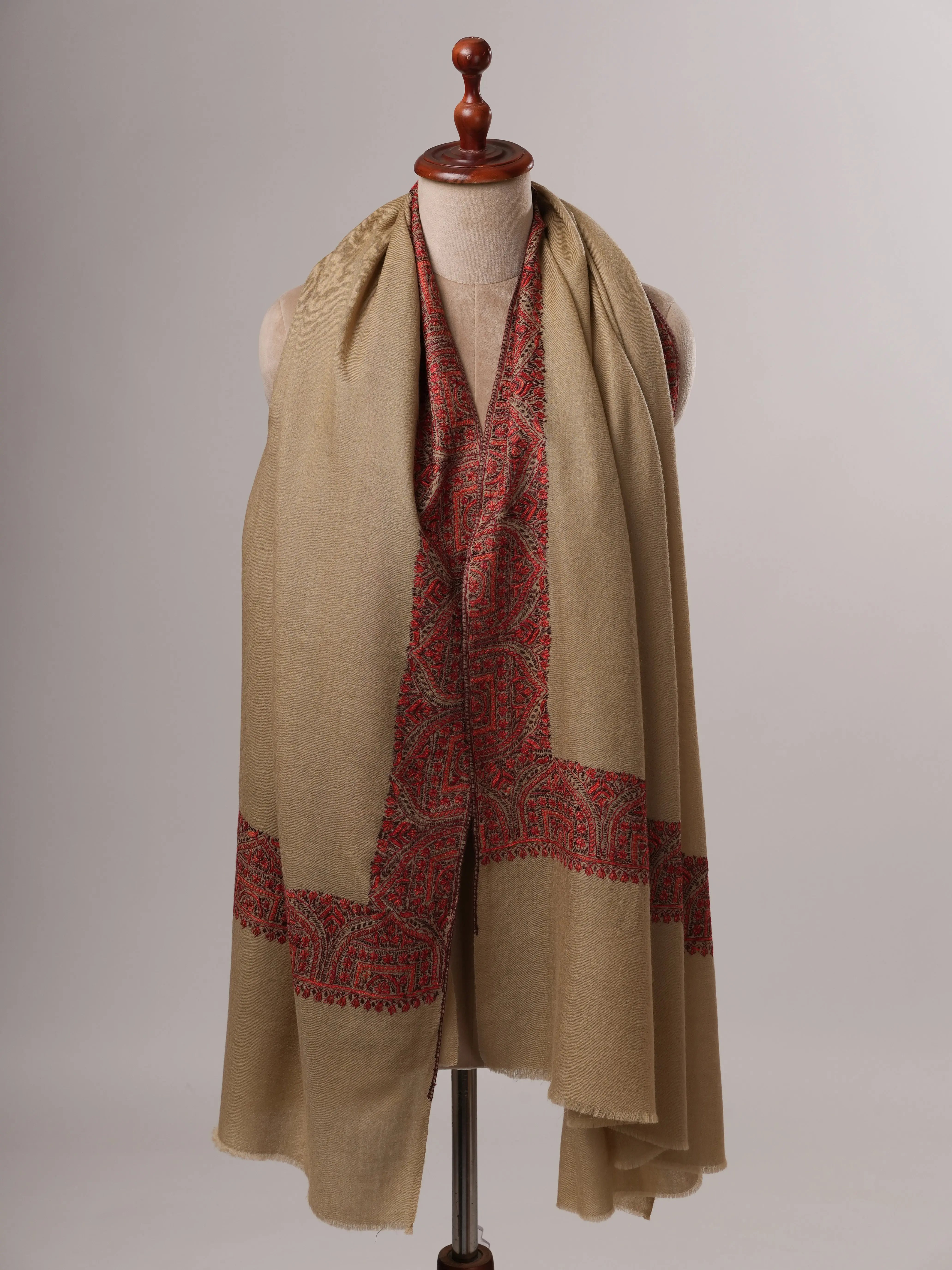 Fine Wool Shawl in Olive with Hand-Embroidered Daur Dar Motifs Shahkaar