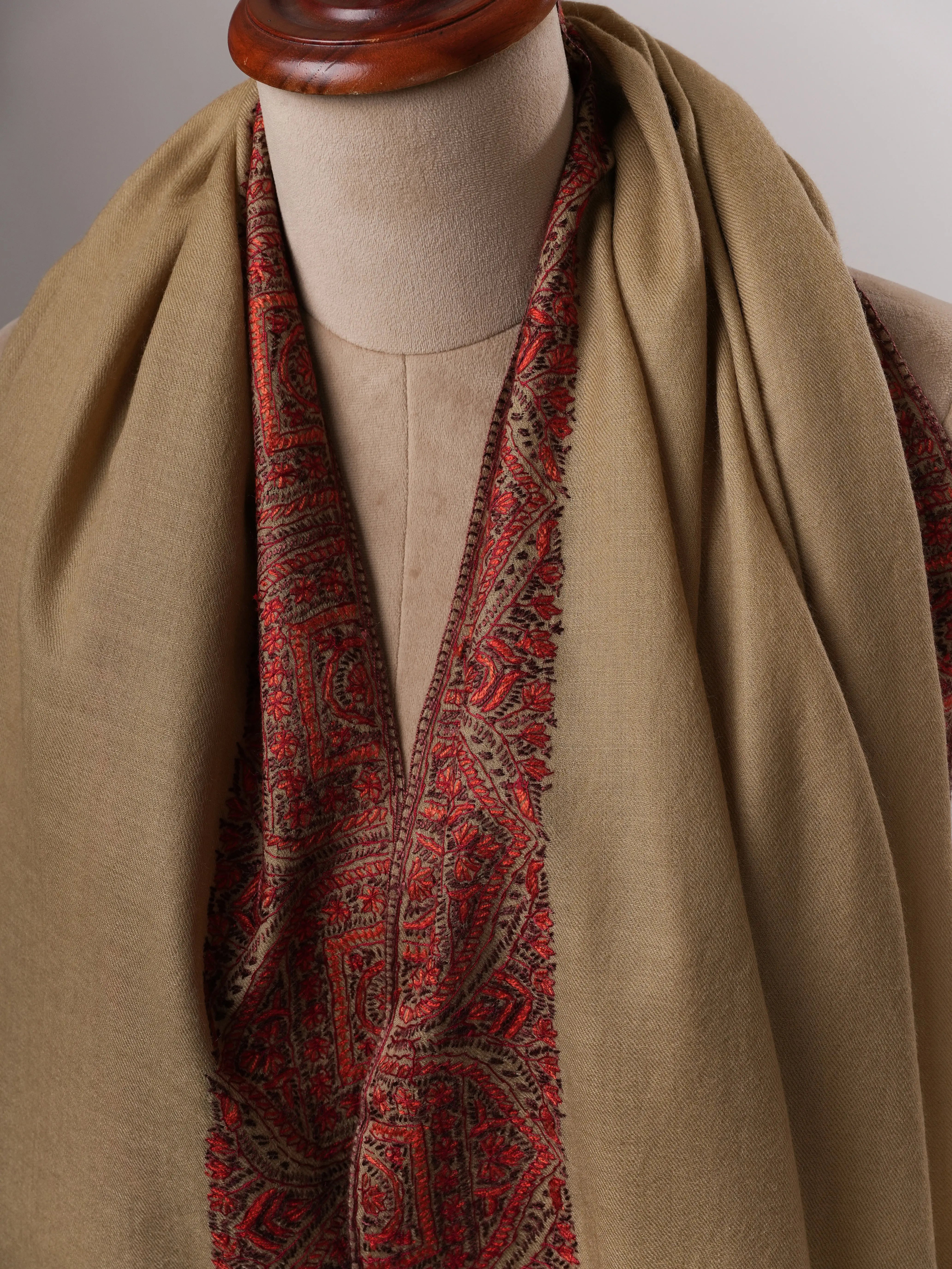 Fine Wool Shawl in Olive with Hand-Embroidered Daur Dar Motifs Shahkaar