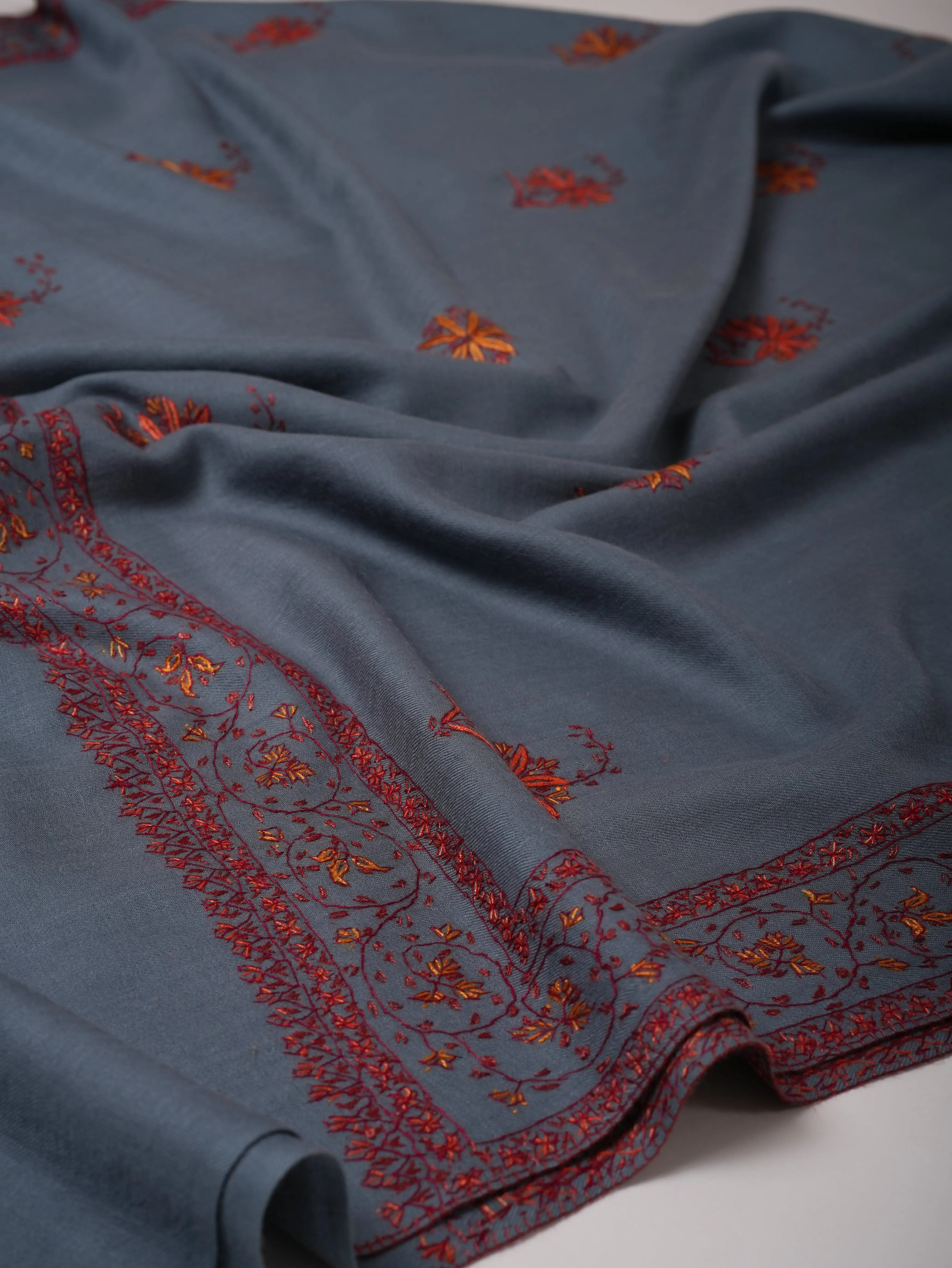 Elegant Denim Blue Fine Wool Shawl with Traditional Hand Embroidery Shahkaar