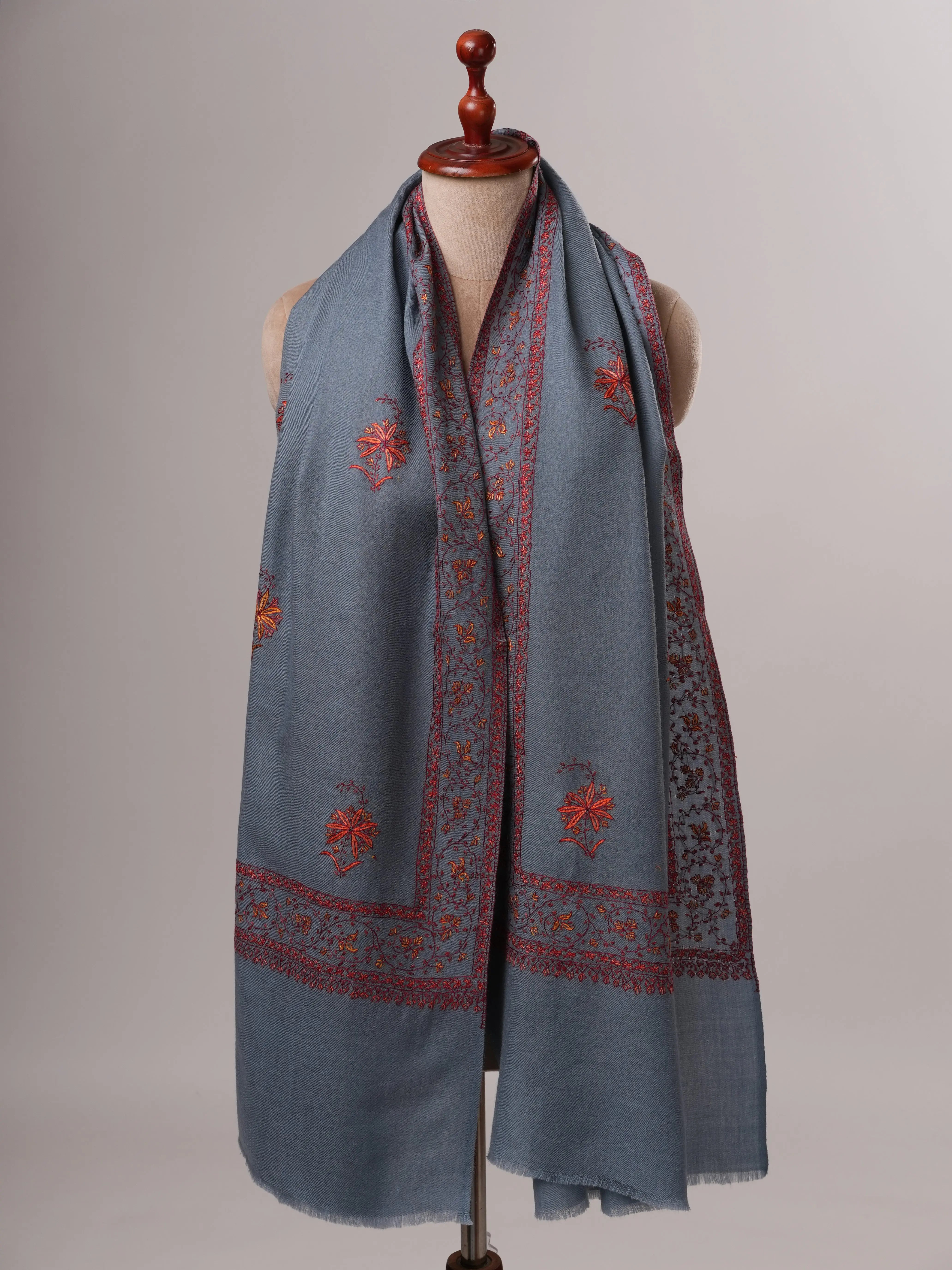 Elegant Denim Blue Fine Wool Shawl with Traditional Hand Embroidery Shahkaar