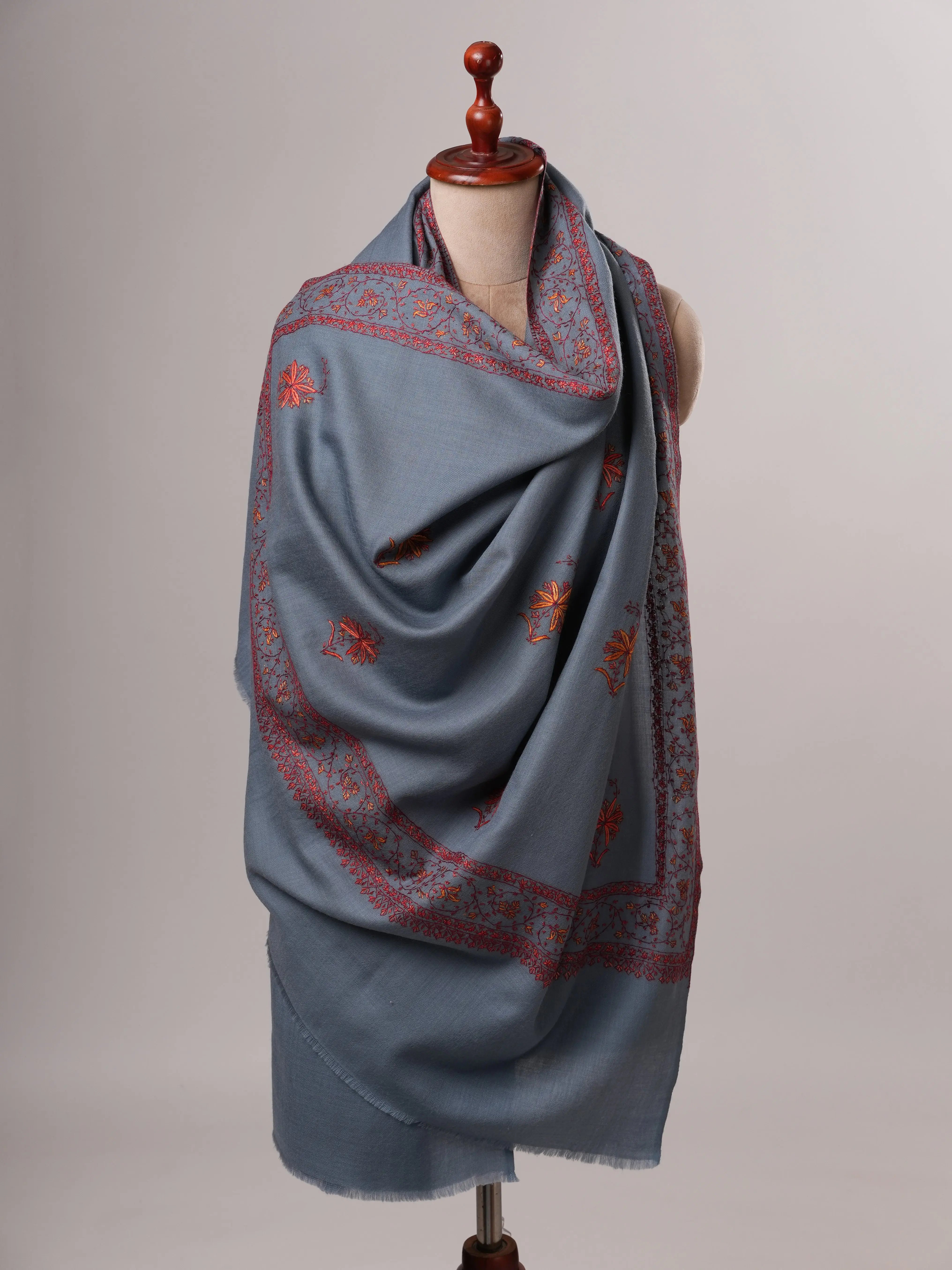 Elegant Denim Blue Fine Wool Shawl with Traditional Hand Embroidery Shahkaar