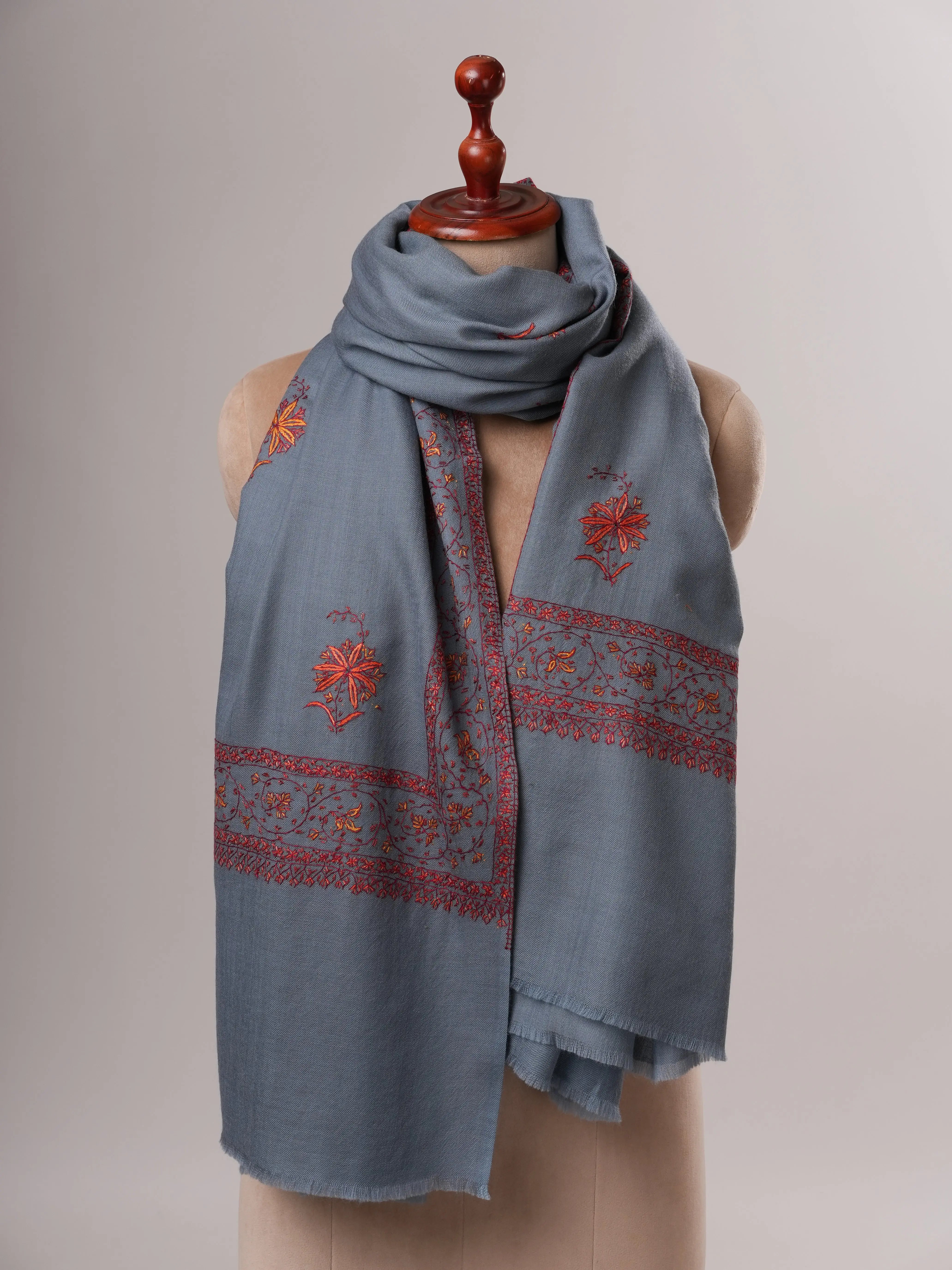 Elegant Denim Blue Fine Wool Shawl with Traditional Hand Embroidery Shahkaar