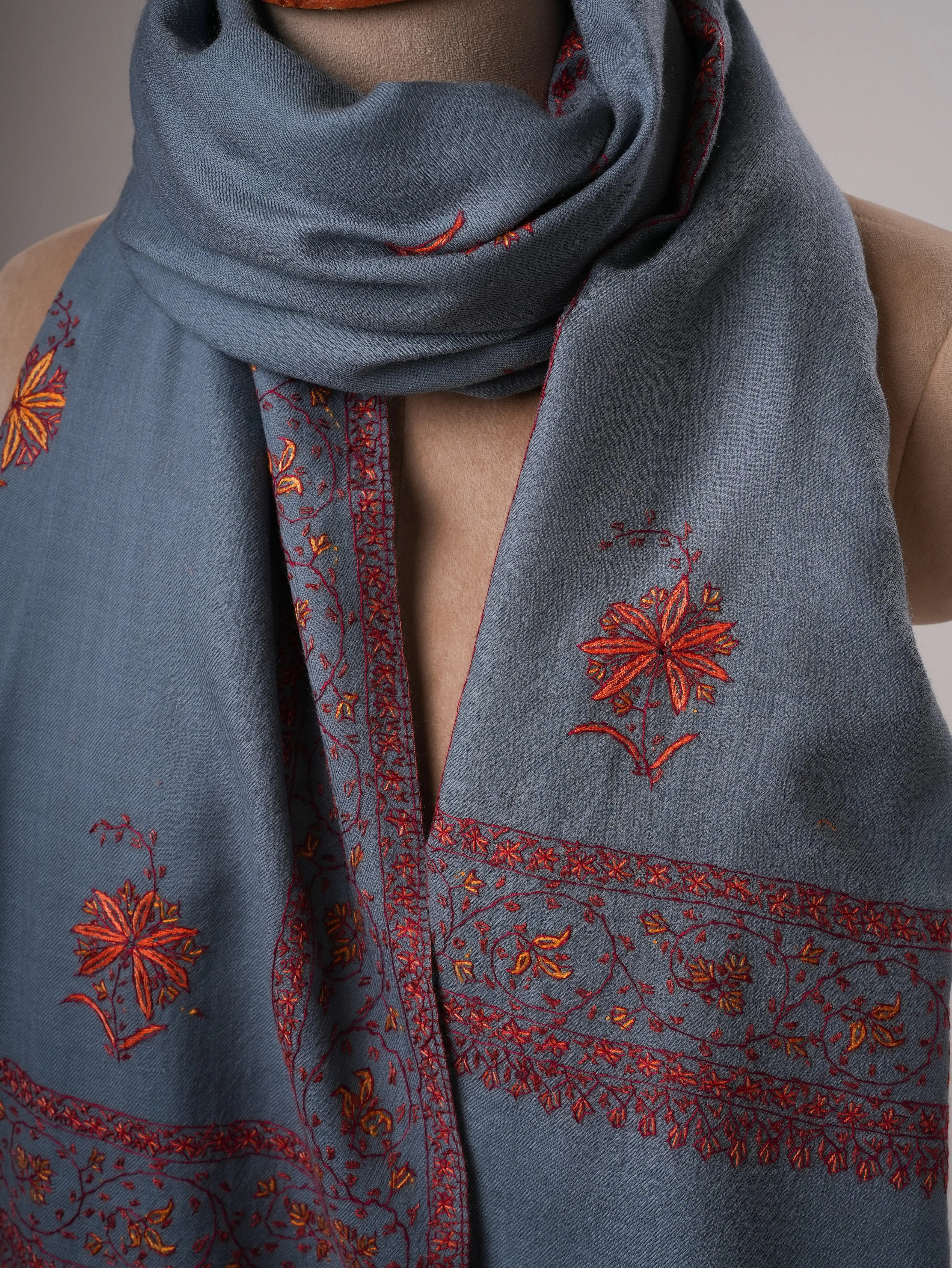 Elegant Denim Blue Fine Wool Shawl with Traditional Hand Embroidery Shahkaar