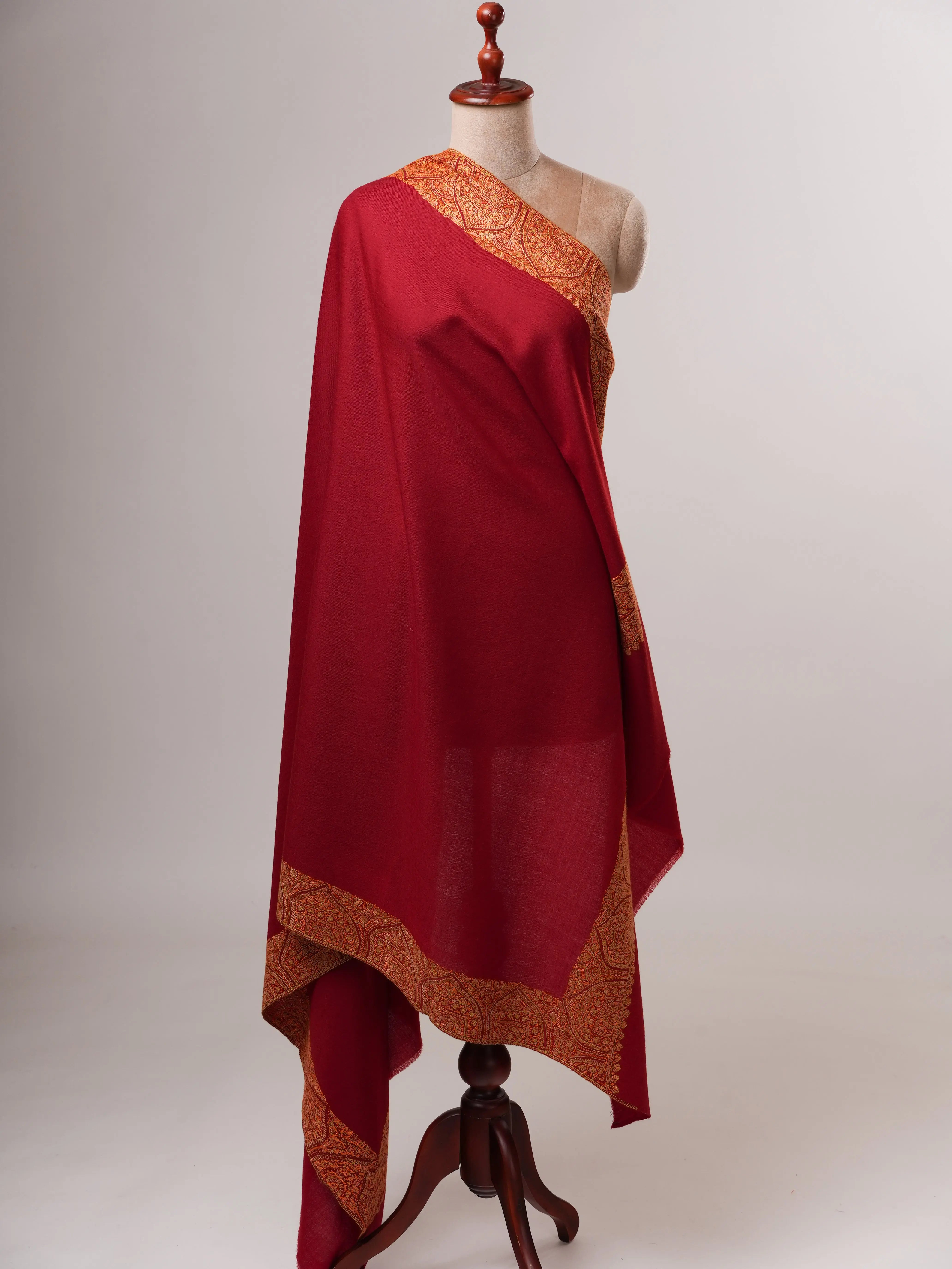 Hand Embroidered Burgundy Fine Wool Shawl with Daur Dar Border Shahkaar