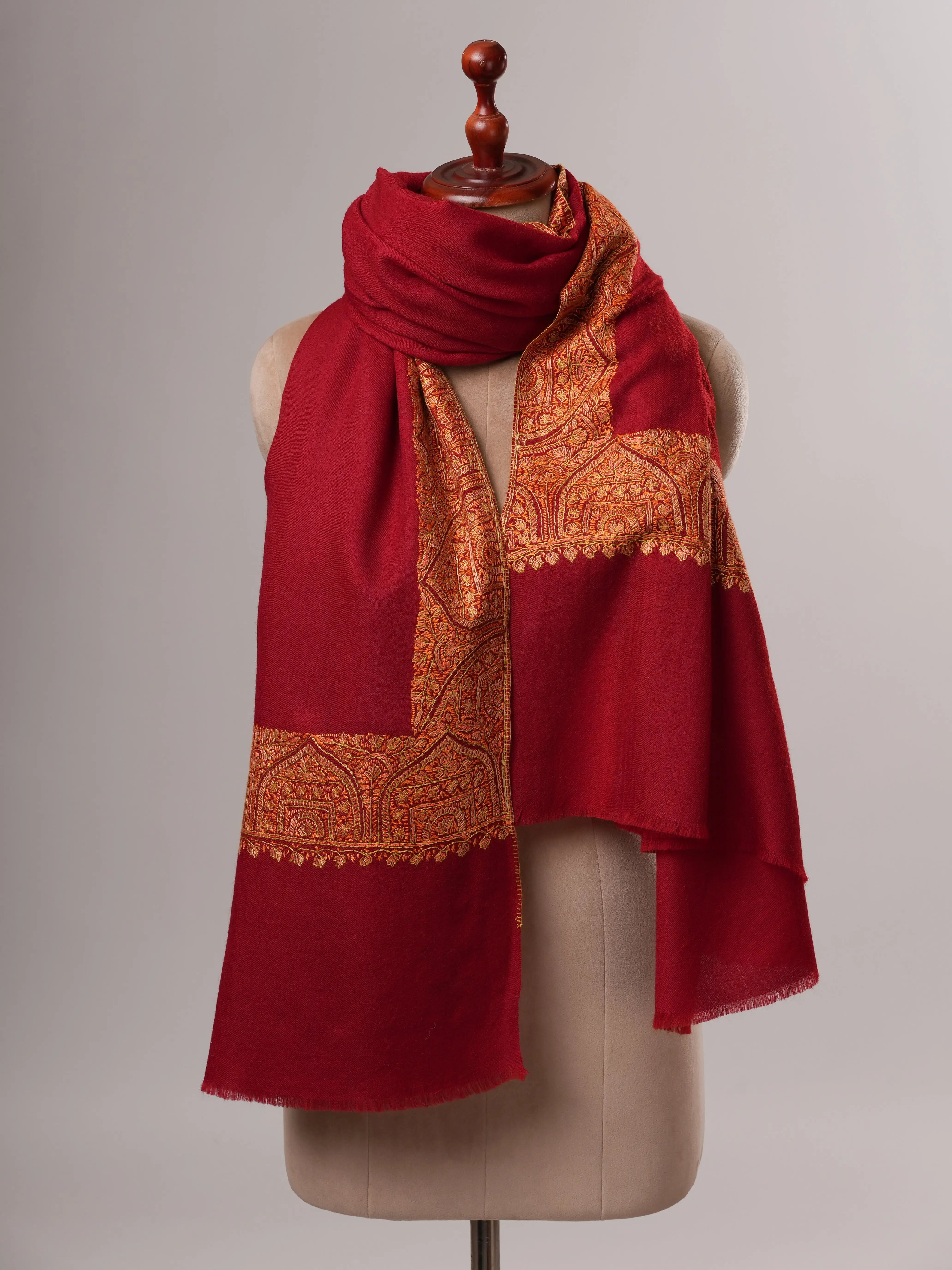 Hand Embroidered Burgundy Fine Wool Shawl with Daur Dar Border Shahkaar