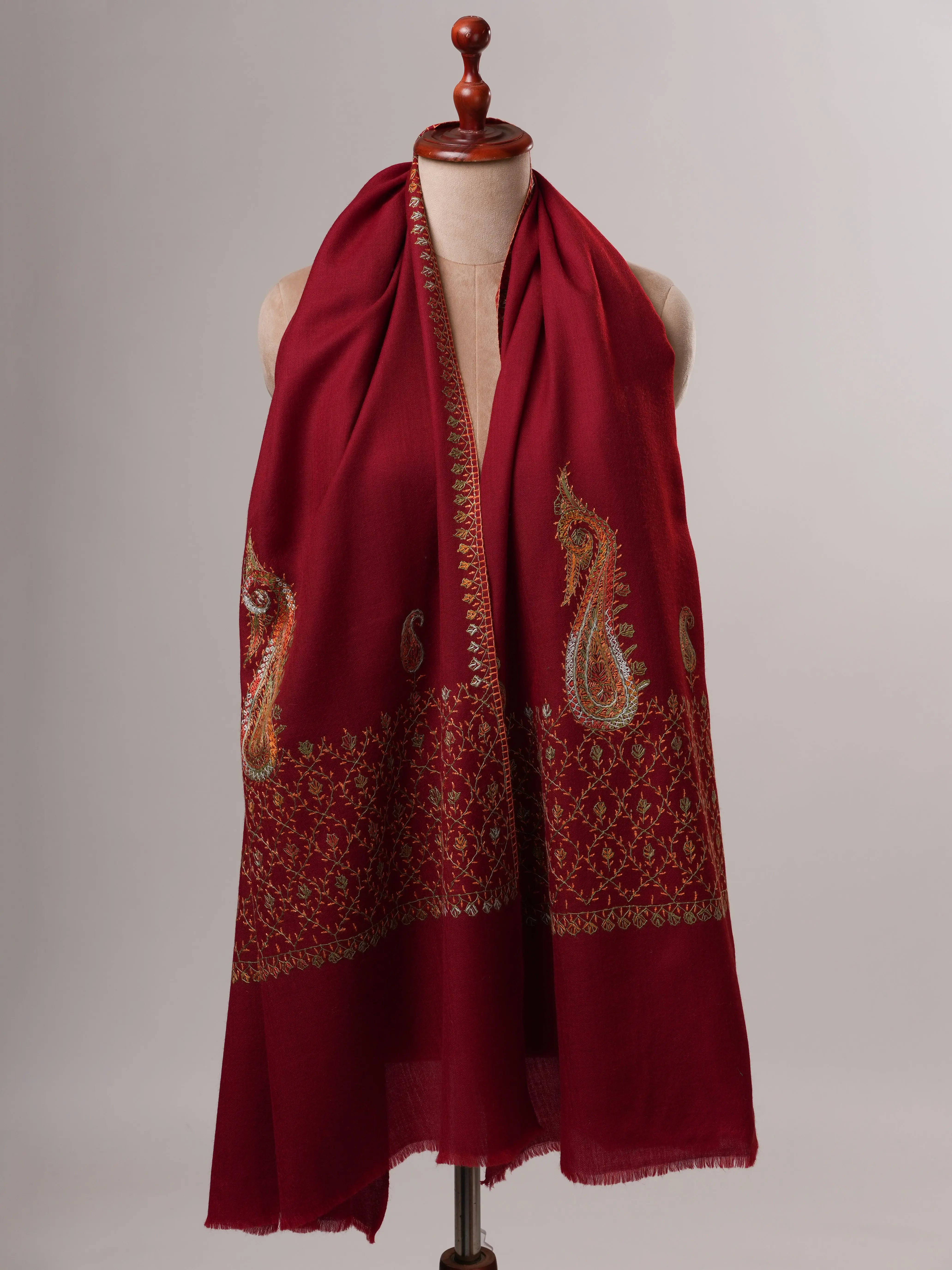 Maroon Fine Wool Shawl Featuring Hand Embroidered Motifs Shahkaar
