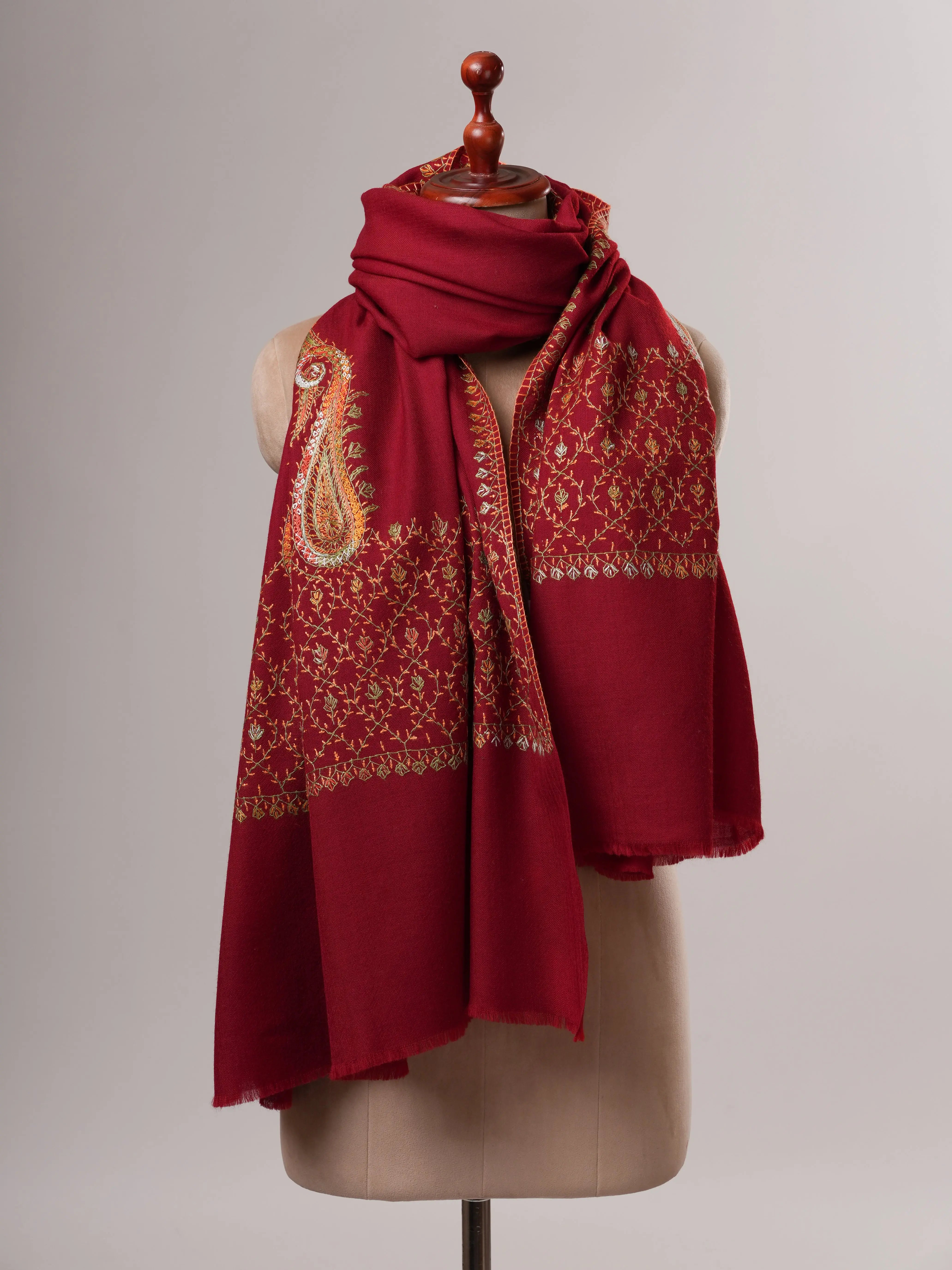 Maroon Fine Wool Shawl Featuring Hand Embroidered Motifs Shahkaar