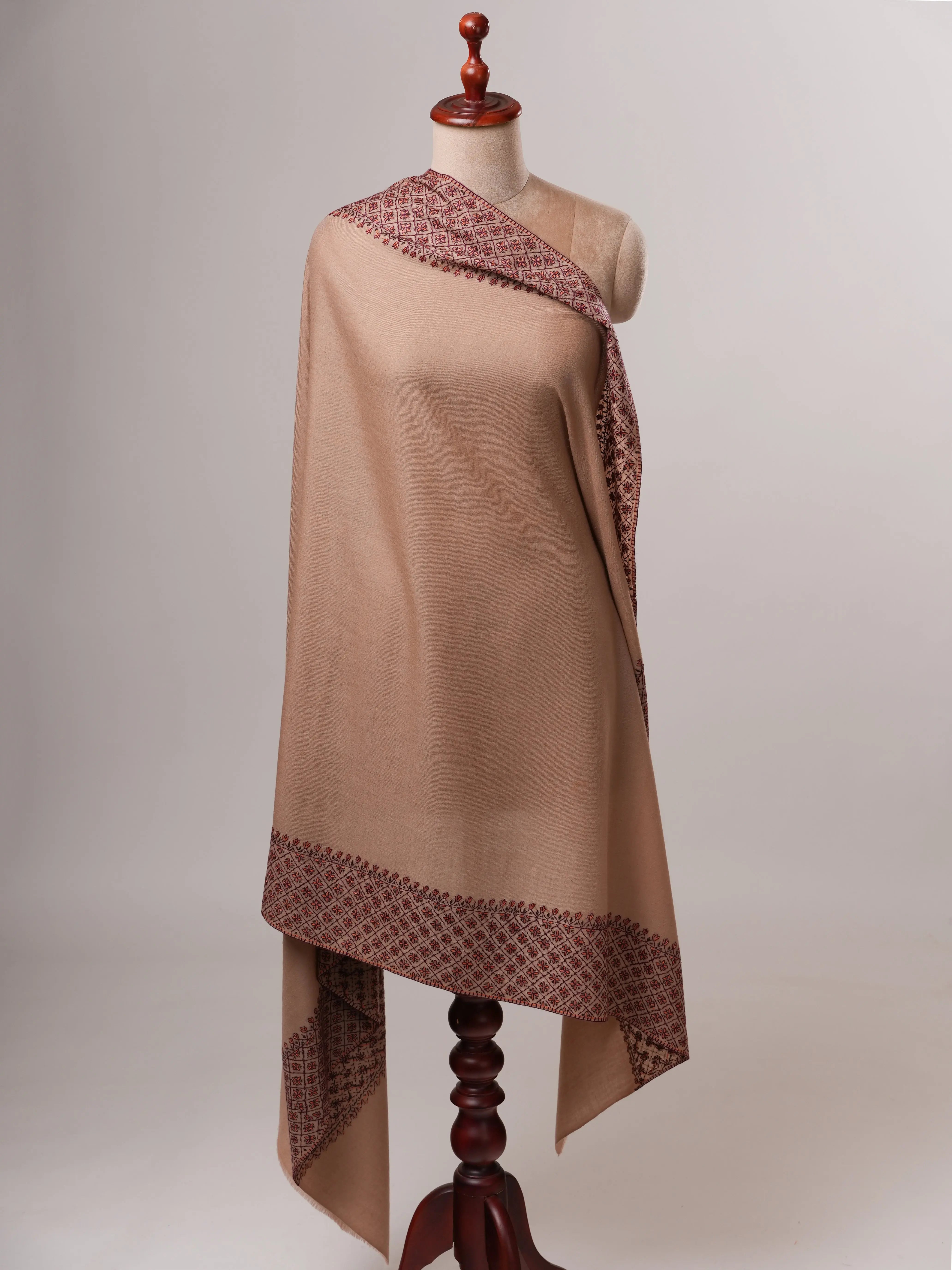 Fine Wool Beige Shawl with Daur Dar Hand Embroidery Shahkaar
