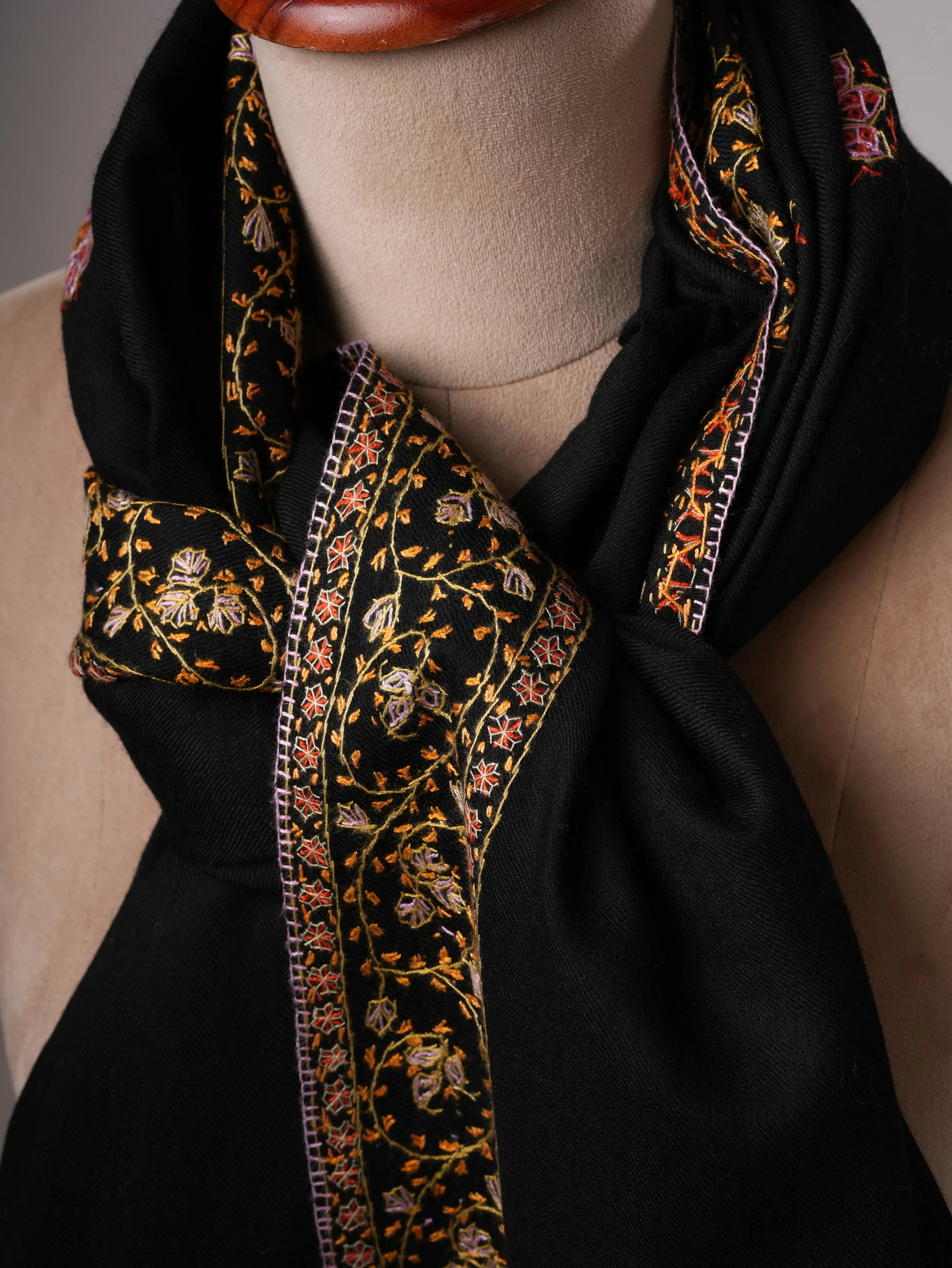 Fine Wool Black Shawl with Hand Embroidered Buteh Daur Motifs Shahkaar