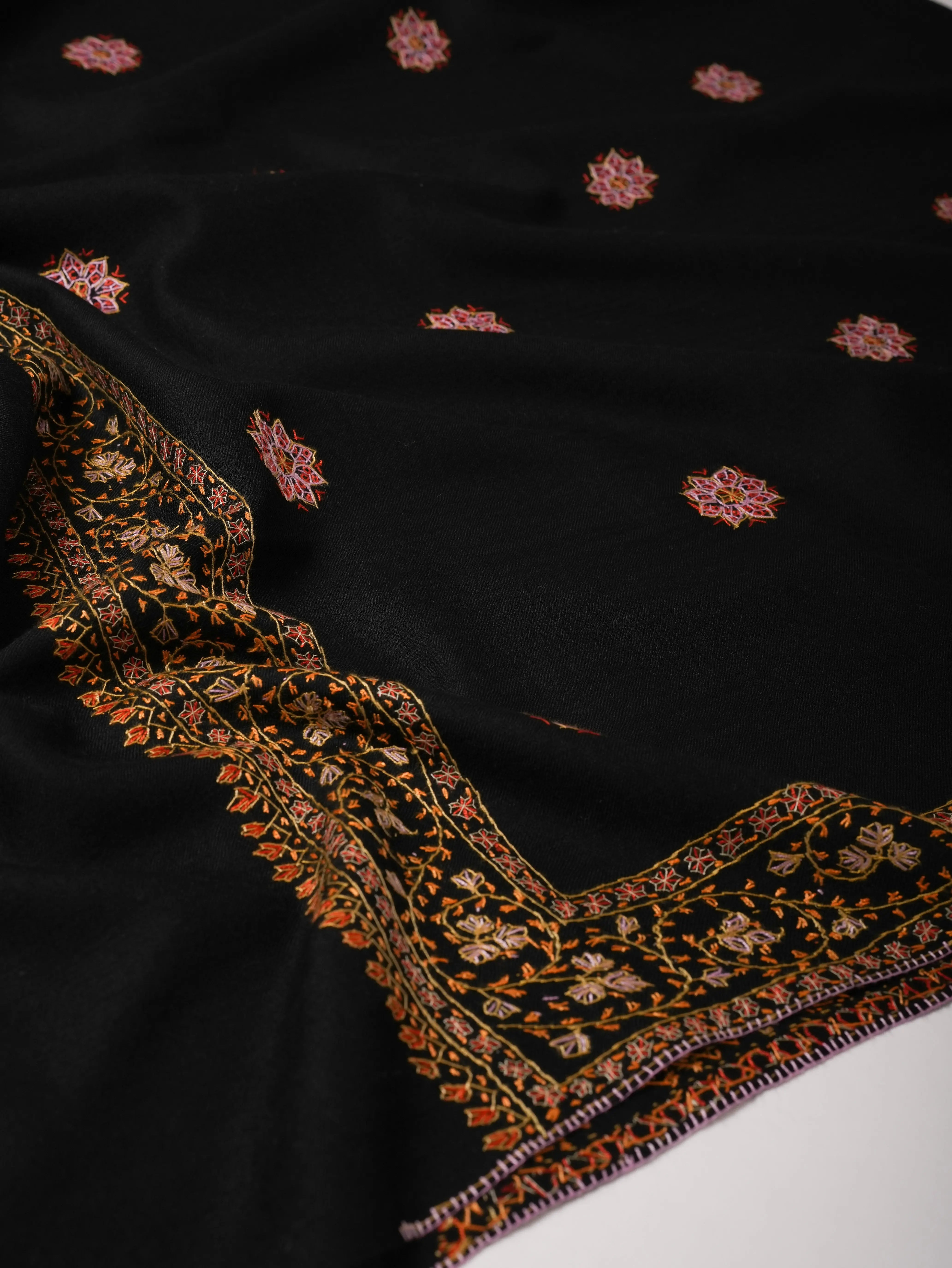 Fine Wool Black Shawl with Hand Embroidered Buteh Daur Motifs Shahkaar