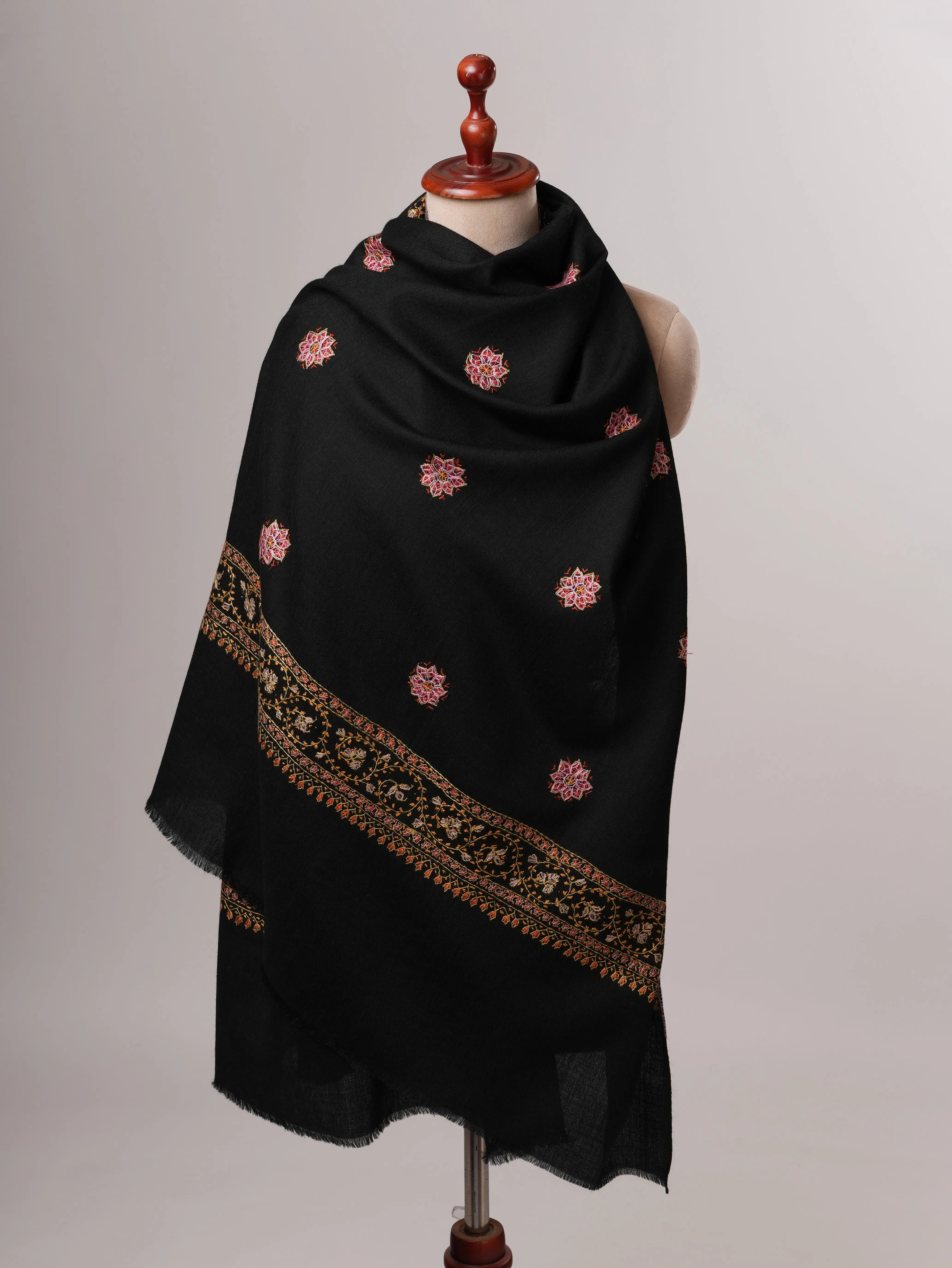 Fine Wool Black Shawl with Hand Embroidered Buteh Daur Motifs Shahkaar