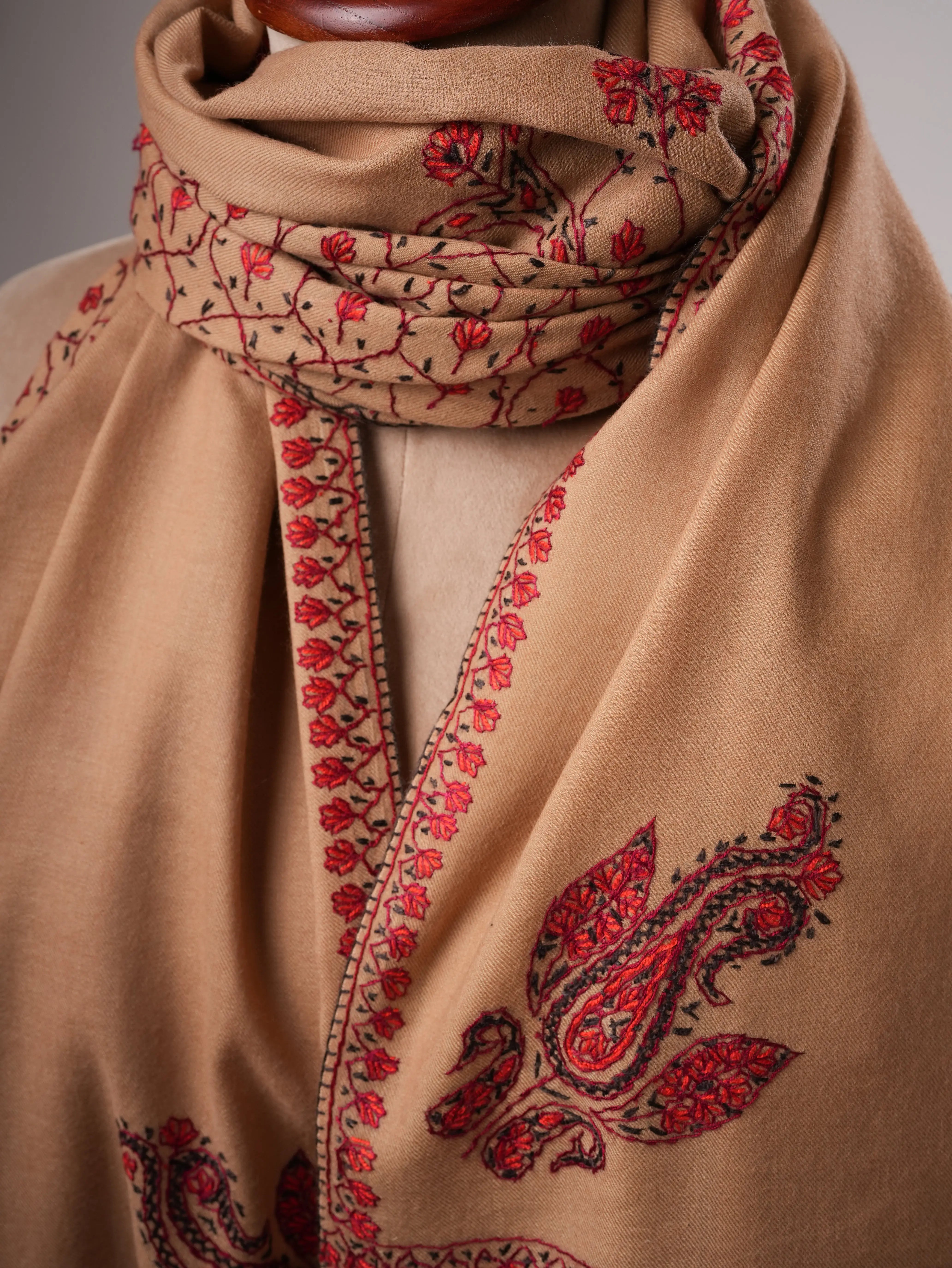 Classic Beige Fine Wool Shawl with Hand Embroidery Shahkaar