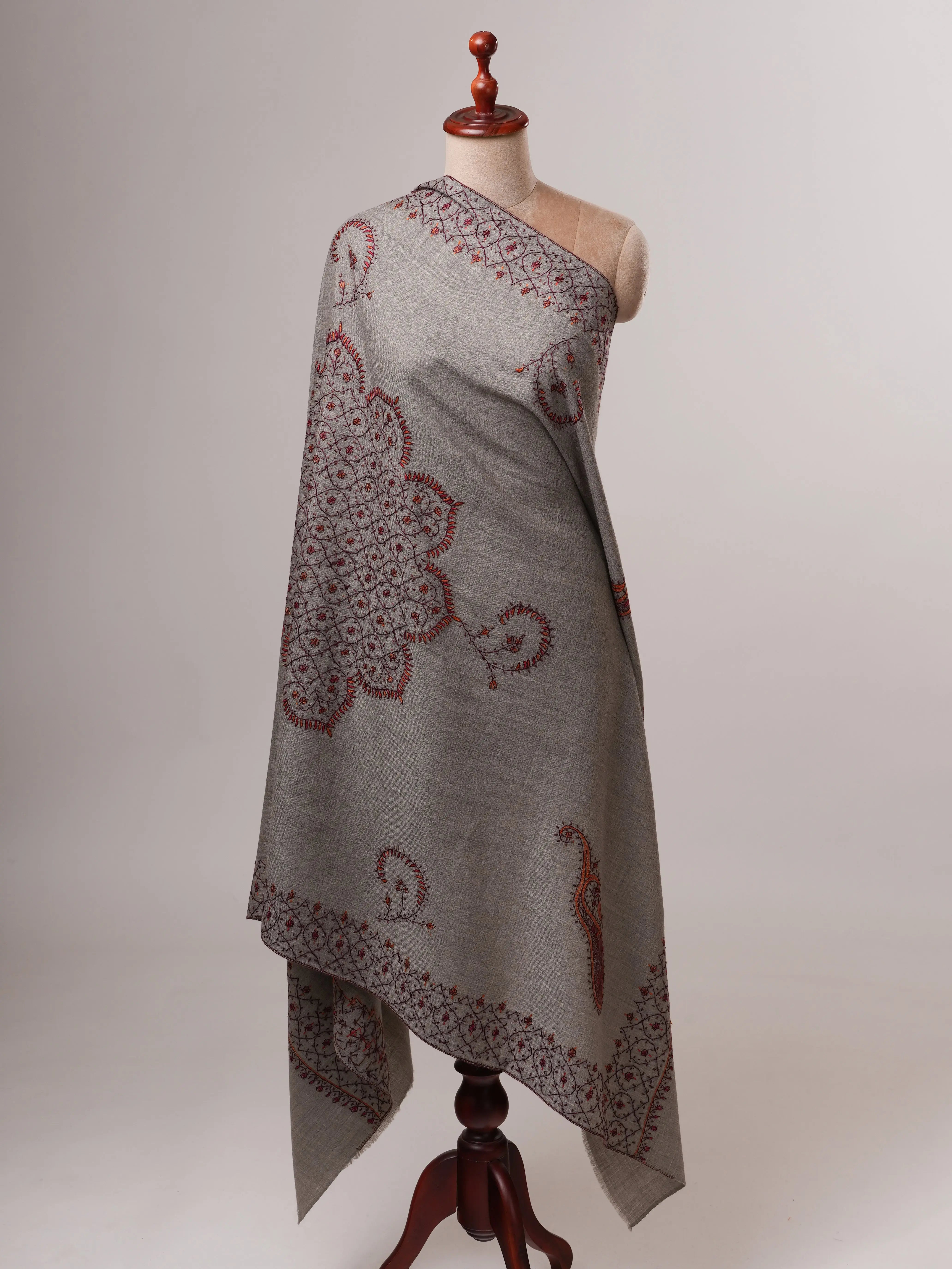 Grey Fine Wool Shawl with Delicate Hand Embroidery Shahkaar