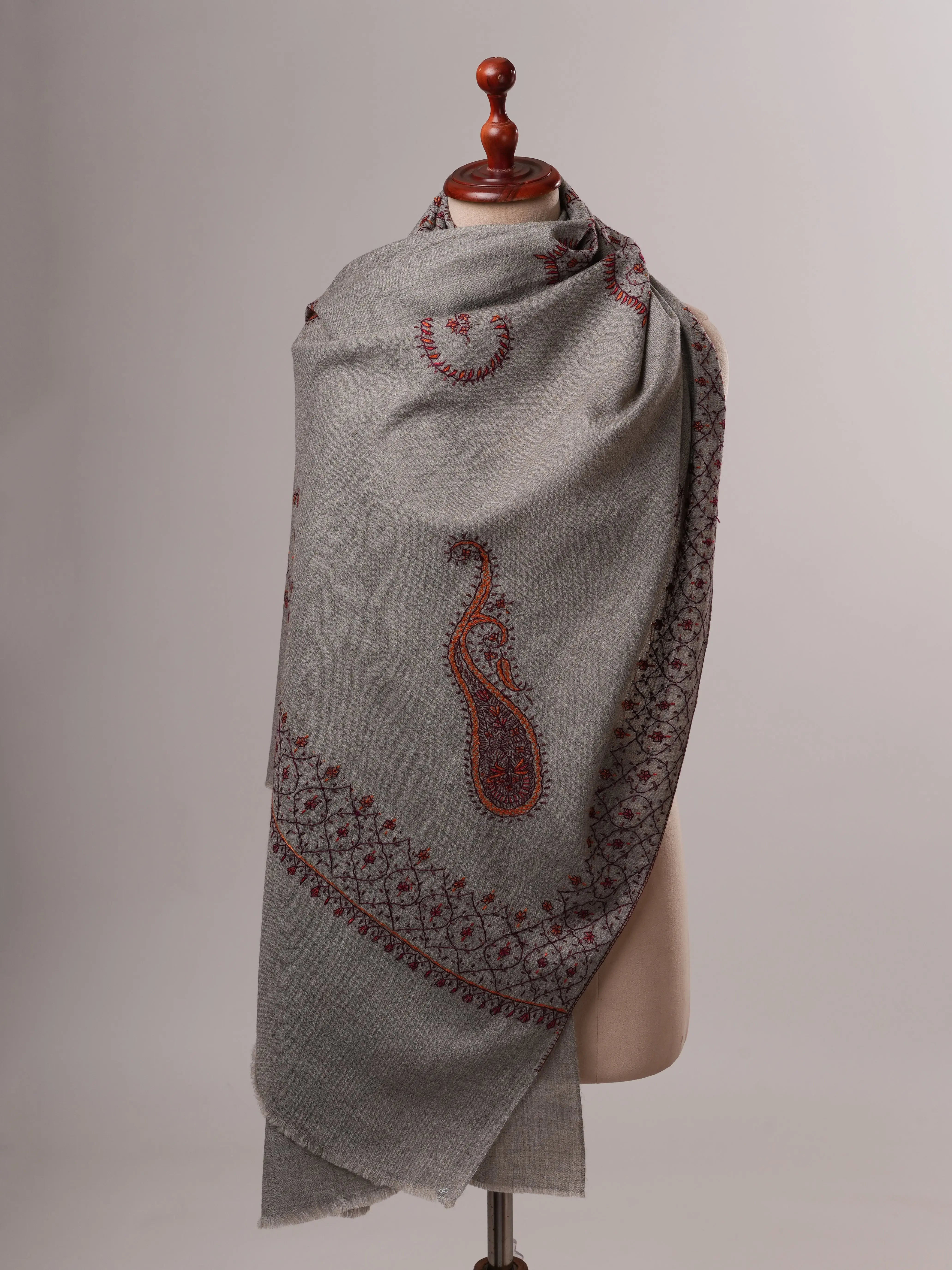 Grey Fine Wool Shawl with Delicate Hand Embroidery Shahkaar