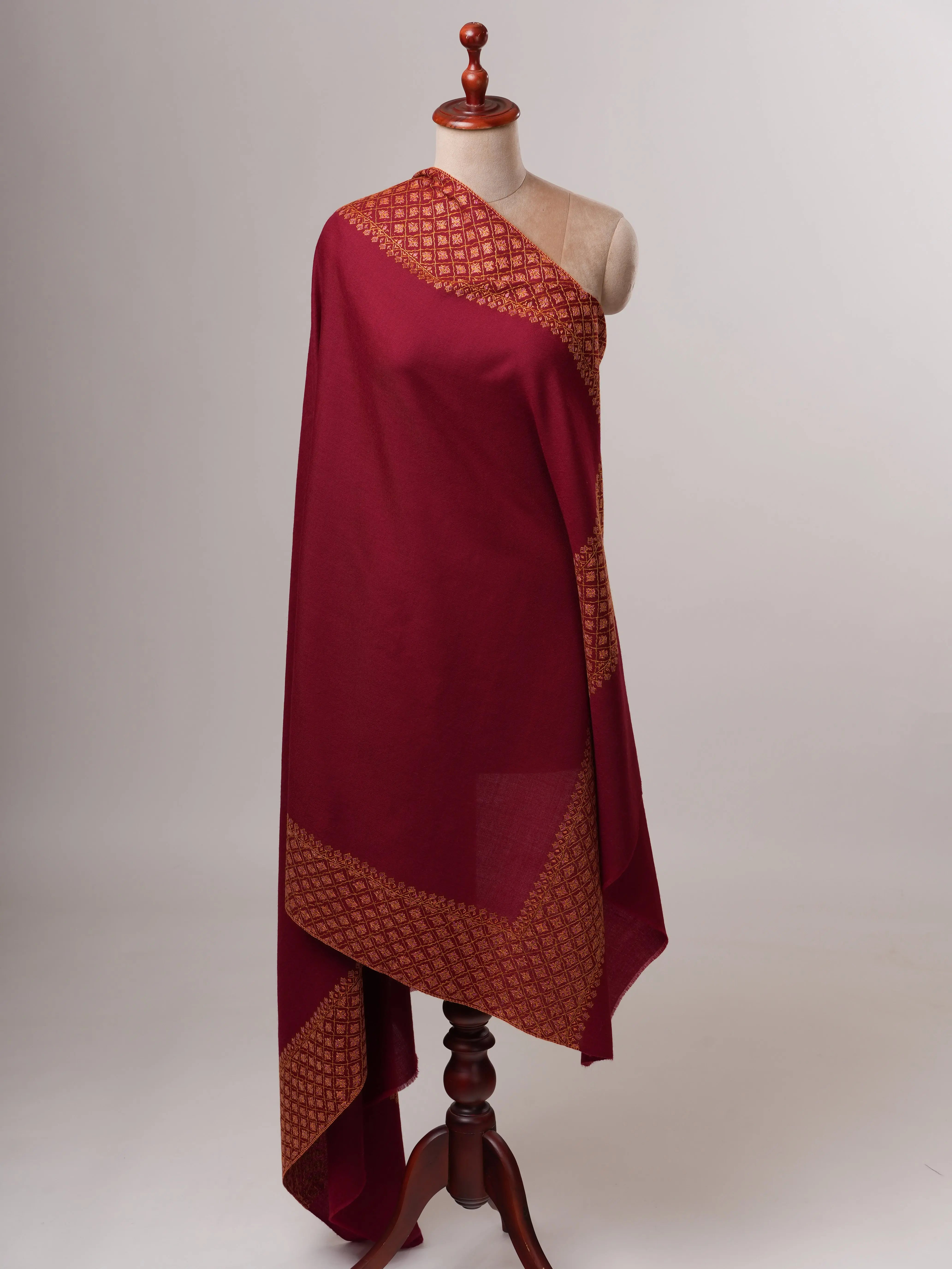 Fine Wool Maroon Shawl with Hand Embroidered Daur Motifs Shahkaar