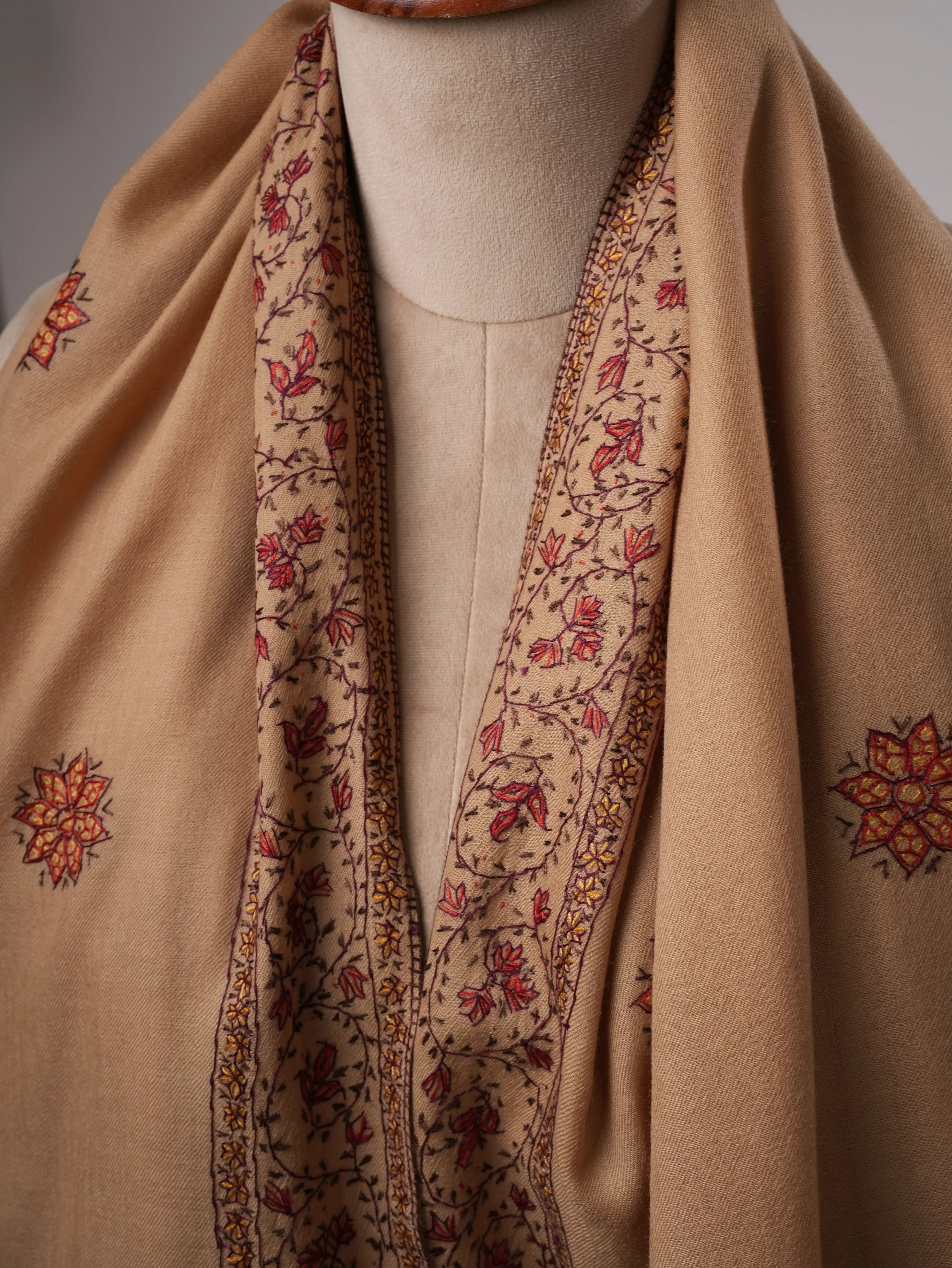 Fine Wool Beige Shawl with Hand-Embroidered Buteh Daur Motifs Shahkaar