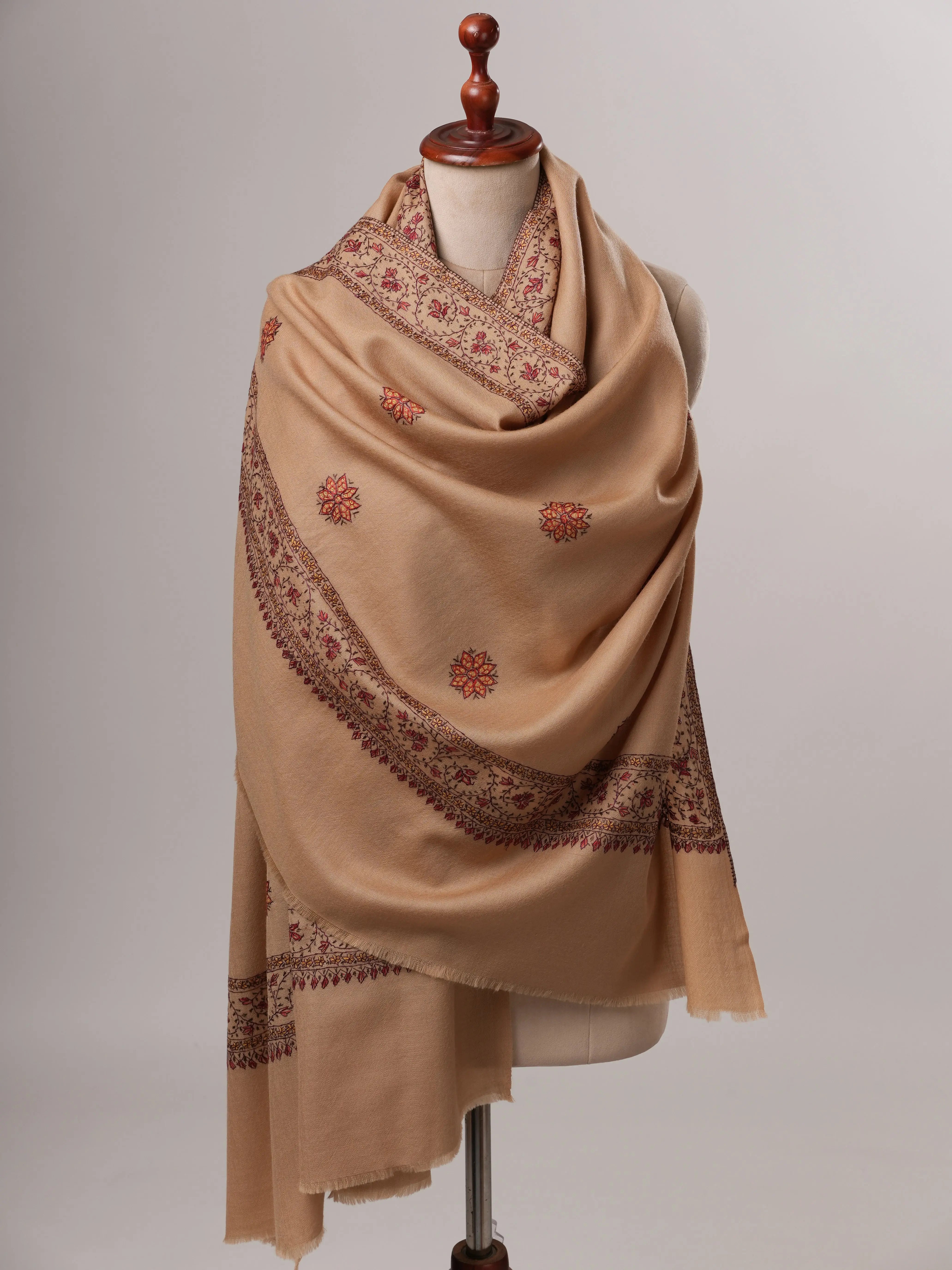 Fine Wool Beige Shawl with Hand-Embroidered Buteh Daur Motifs Shahkaar
