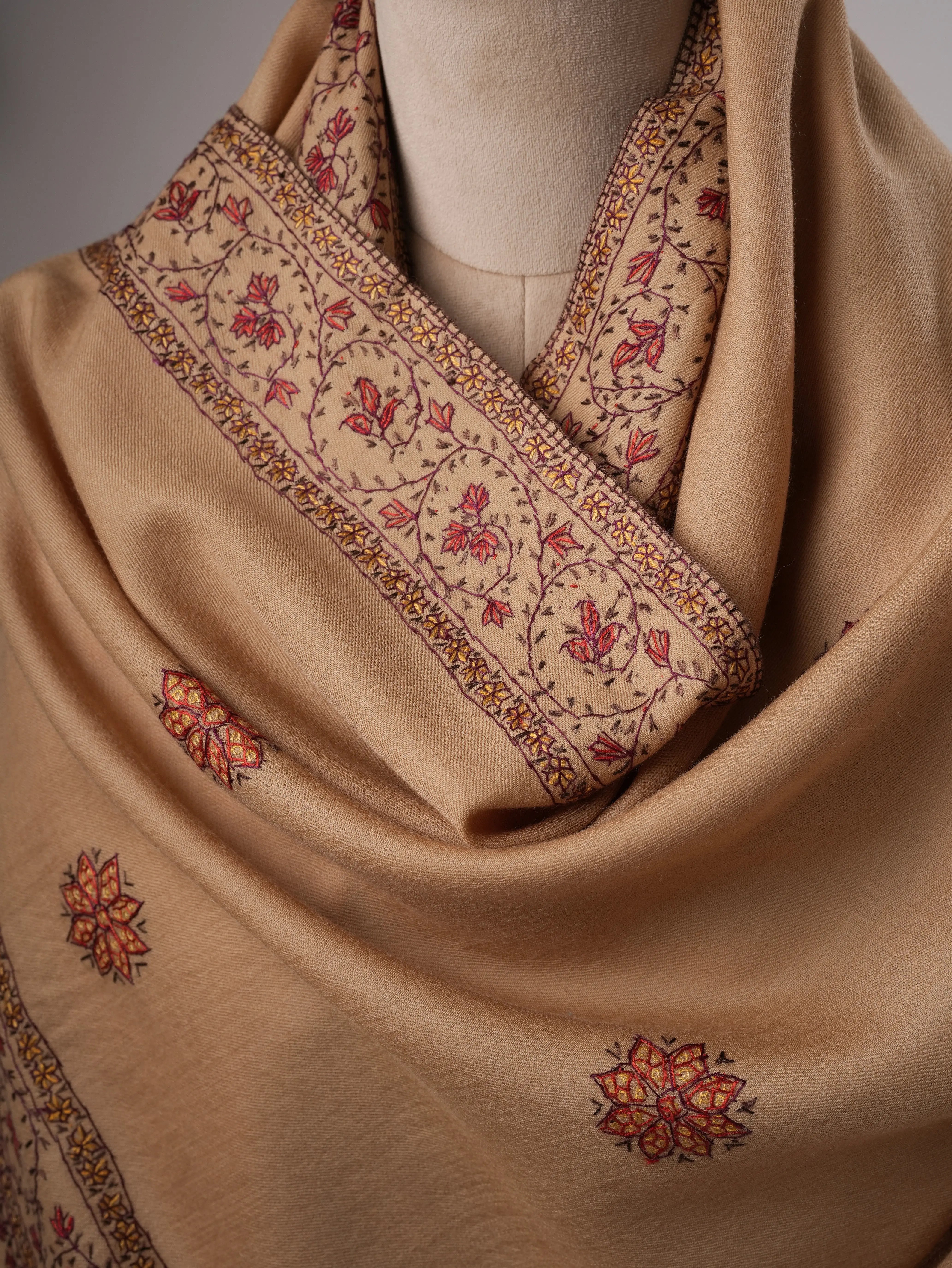 Fine Wool Beige Shawl with Hand-Embroidered Buteh Daur Motifs Shahkaar
