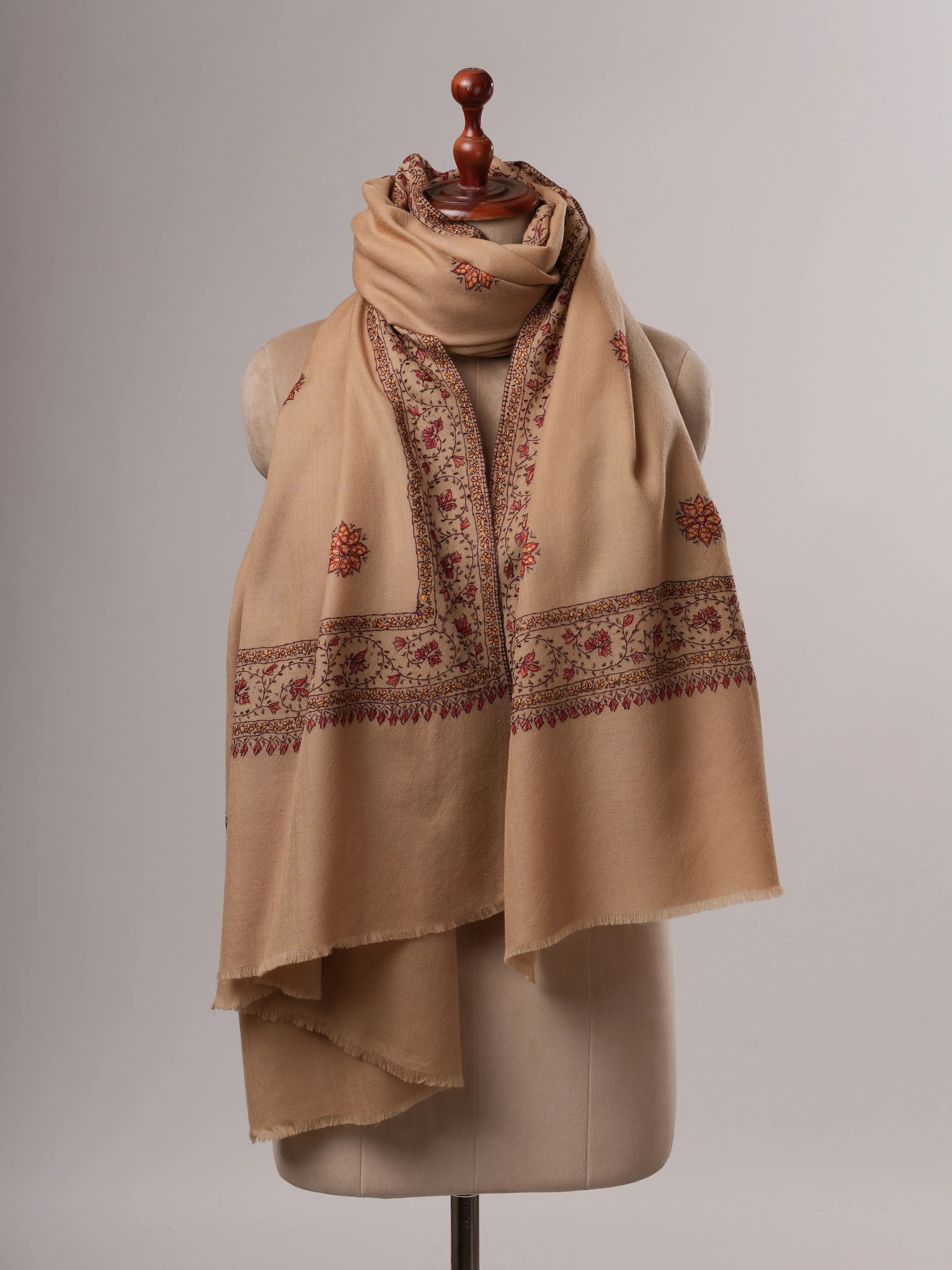 Fine Wool Beige Shawl with Hand-Embroidered Buteh Daur Motifs Shahkaar