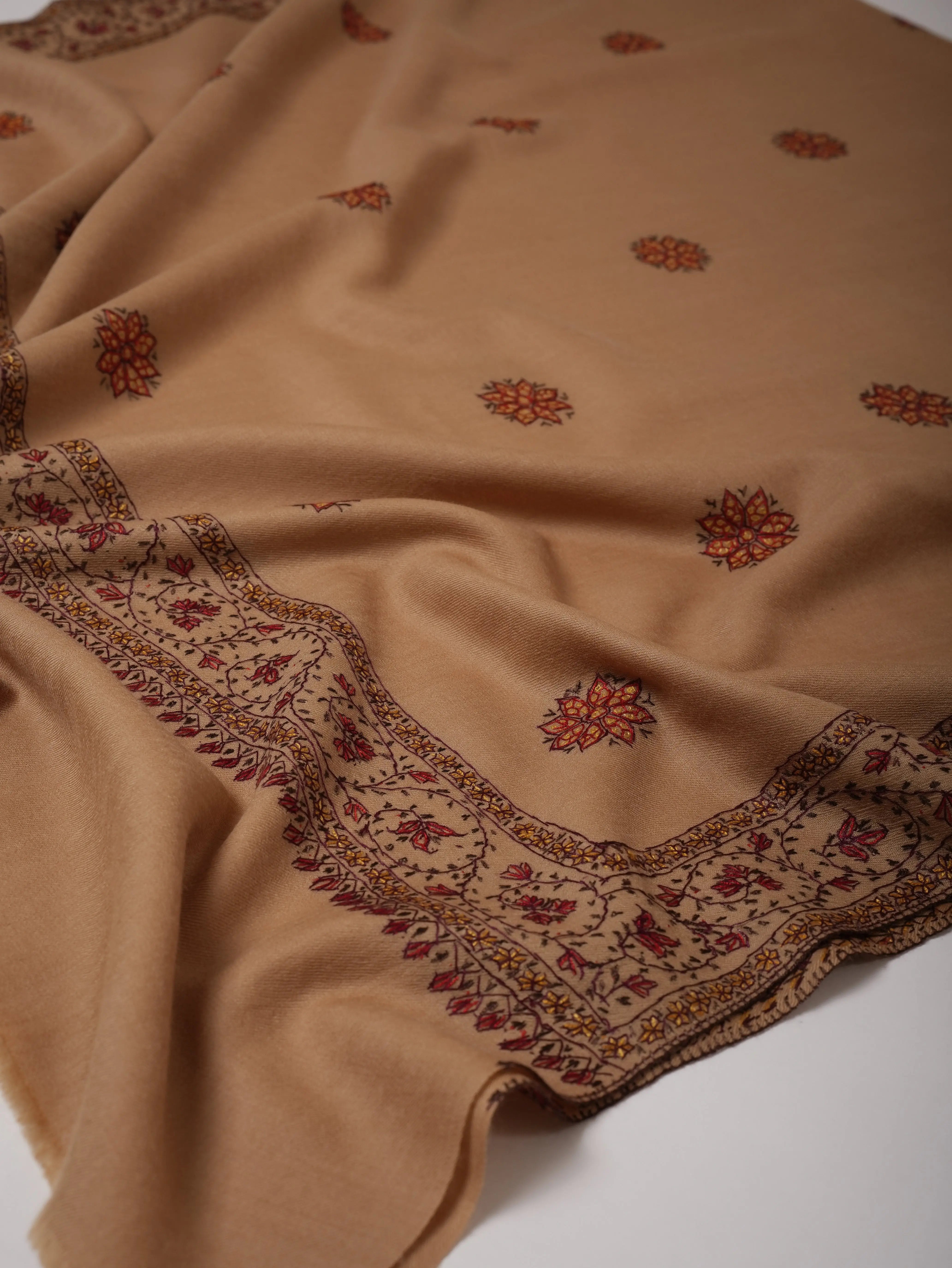 Fine Wool Beige Shawl with Hand-Embroidered Buteh Daur Motifs Shahkaar