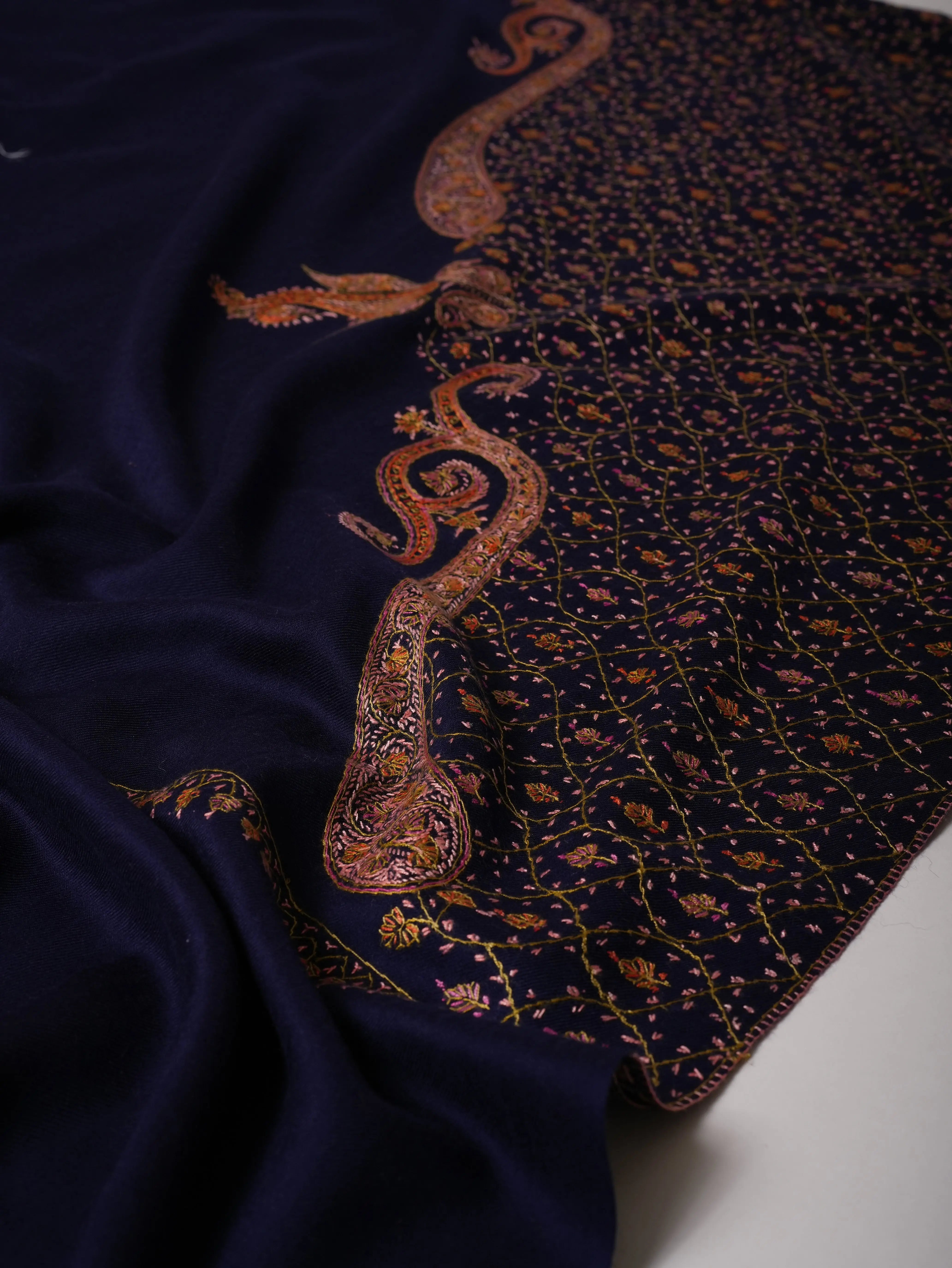 Fine Wool Soft Shawl in Dark Blue with Hand Embroidery Shahkaar