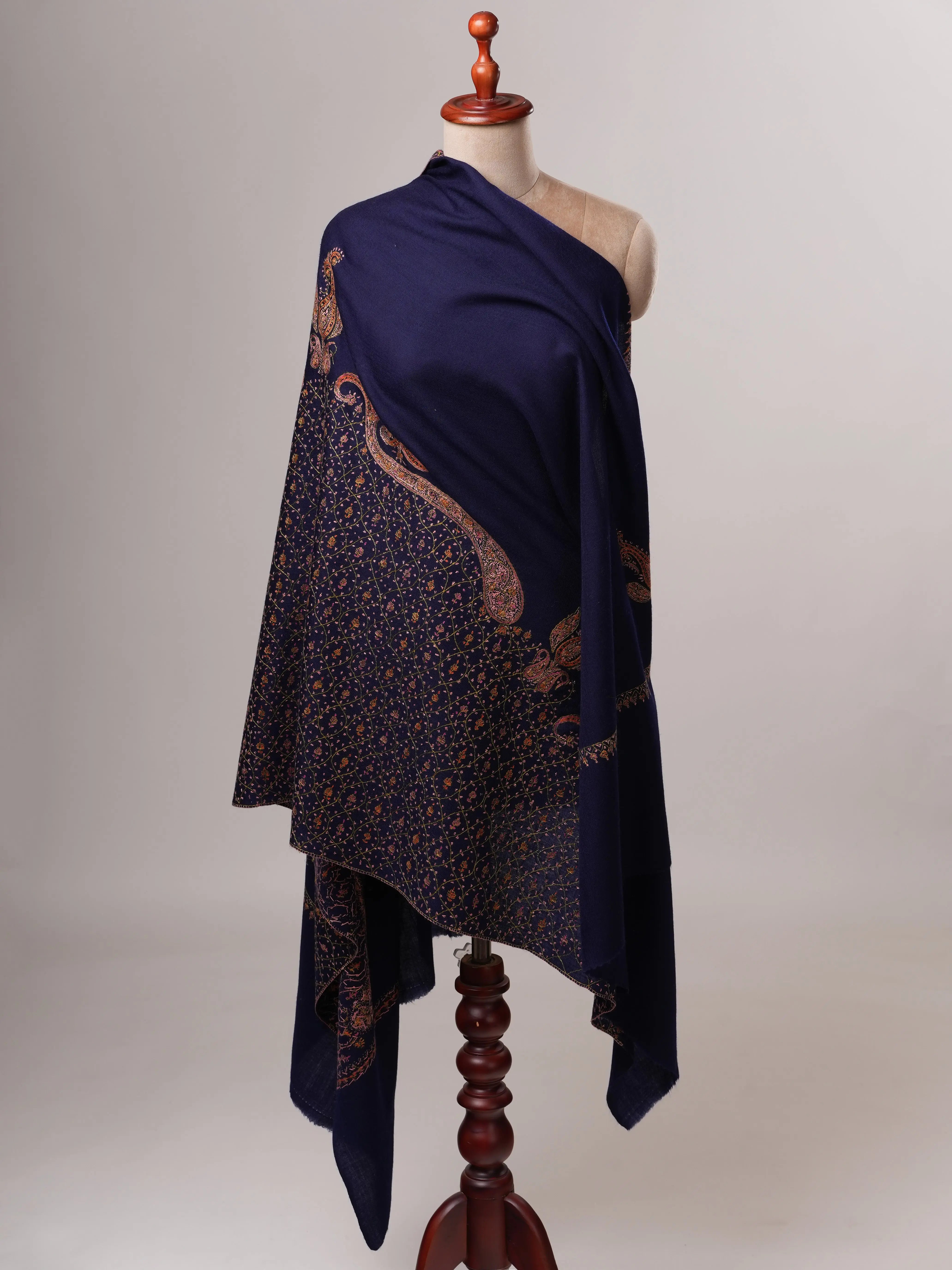 Fine Wool Soft Shawl in Dark Blue with Hand Embroidery Shahkaar