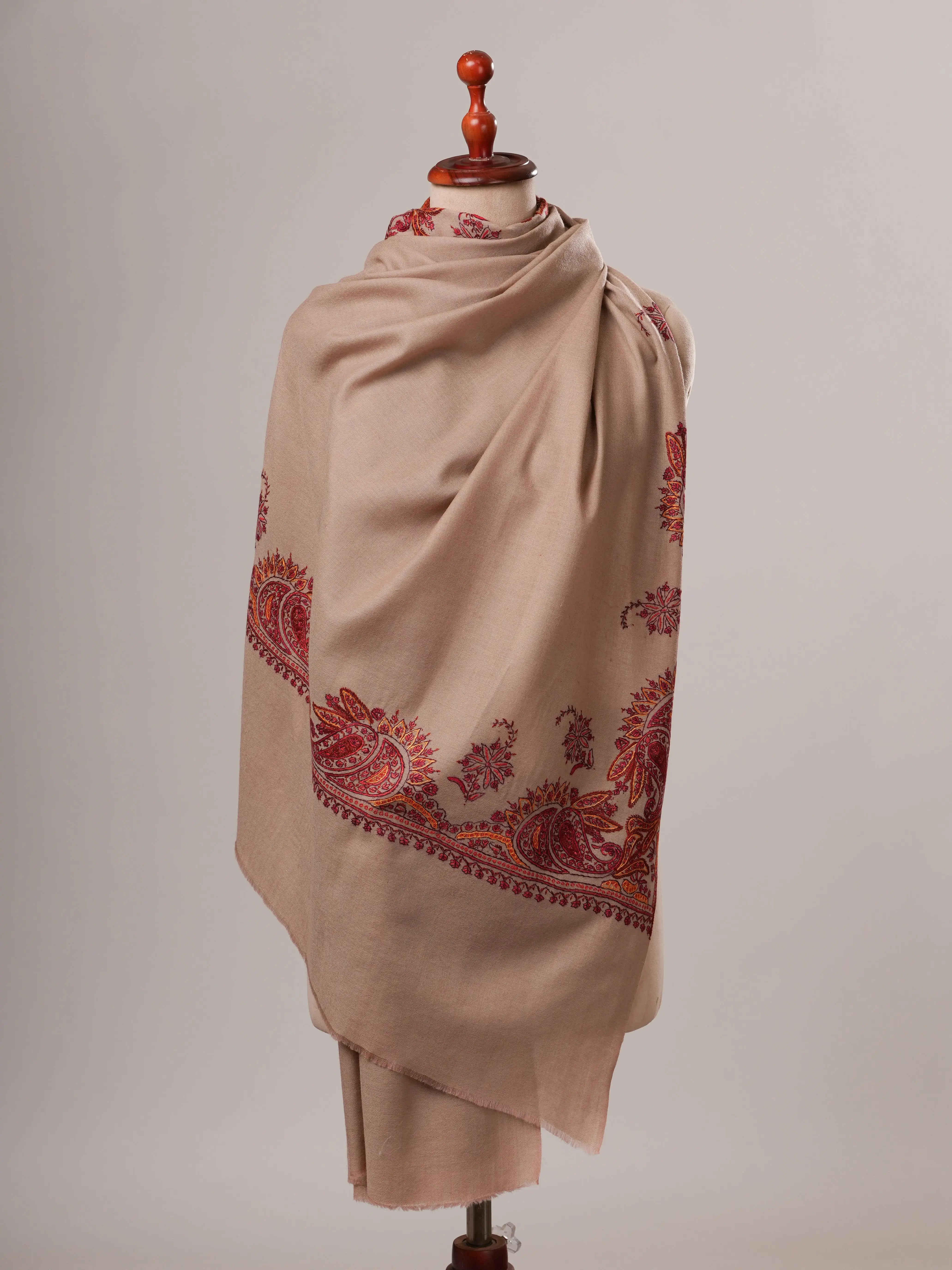 Beige Hand Embroidered Daurdar Fine Wool Shawl Shahkaar