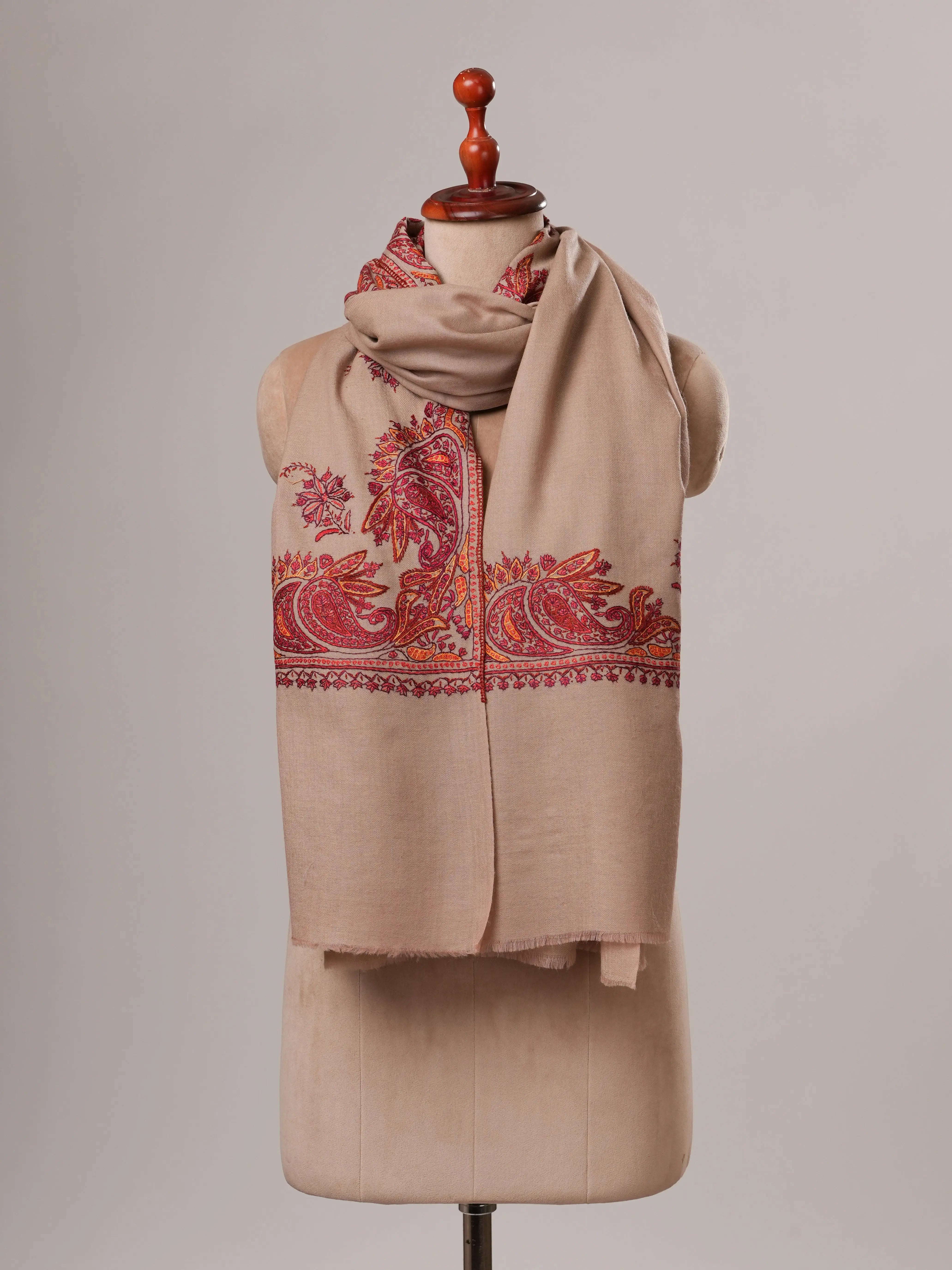 Beige Hand Embroidered Daurdar Fine Wool Shawl Shahkaar