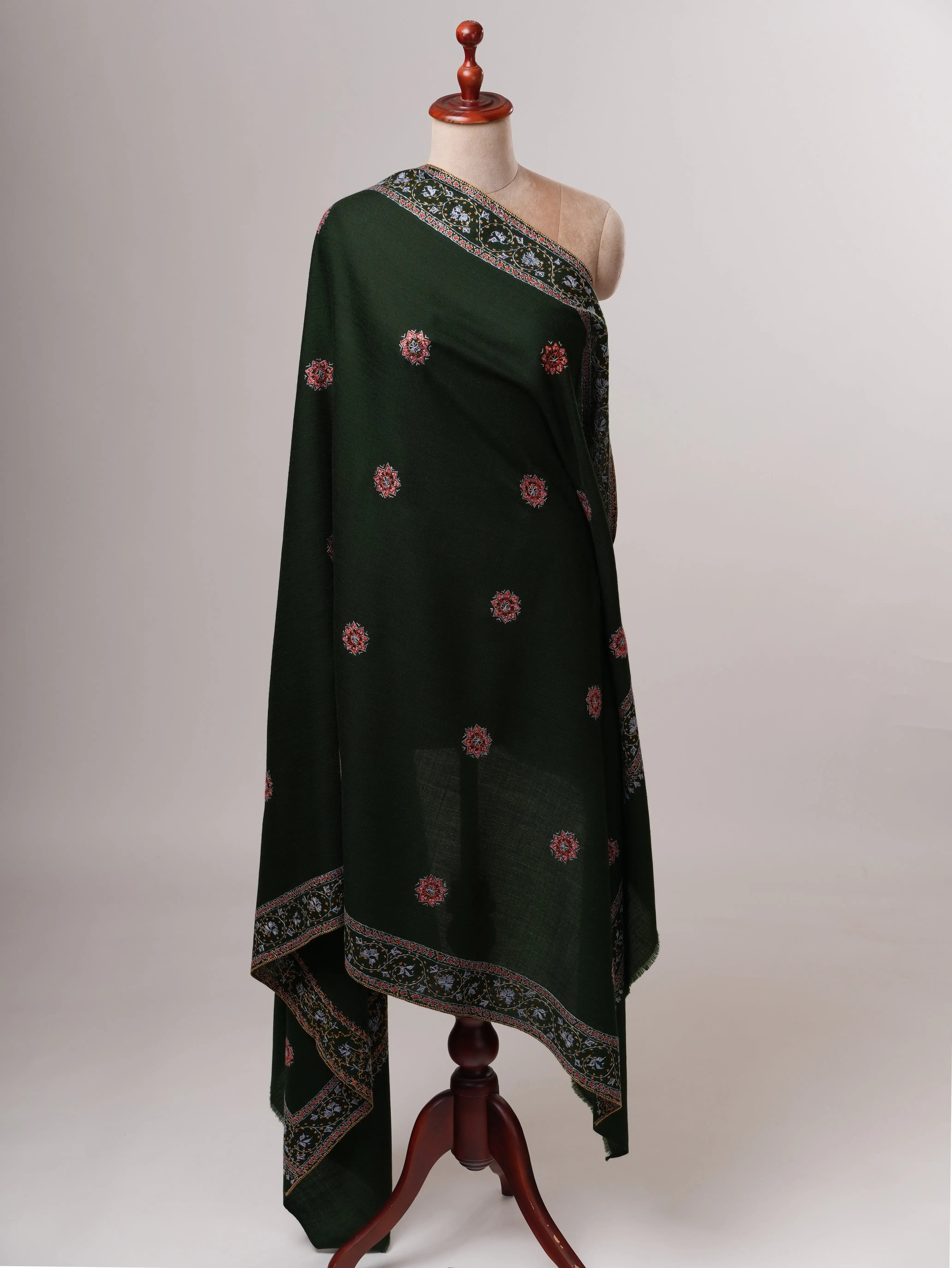 Elegant Dark Green Fine Wool Shawl with Traditional Buteh Daur Handwork Shahkaar