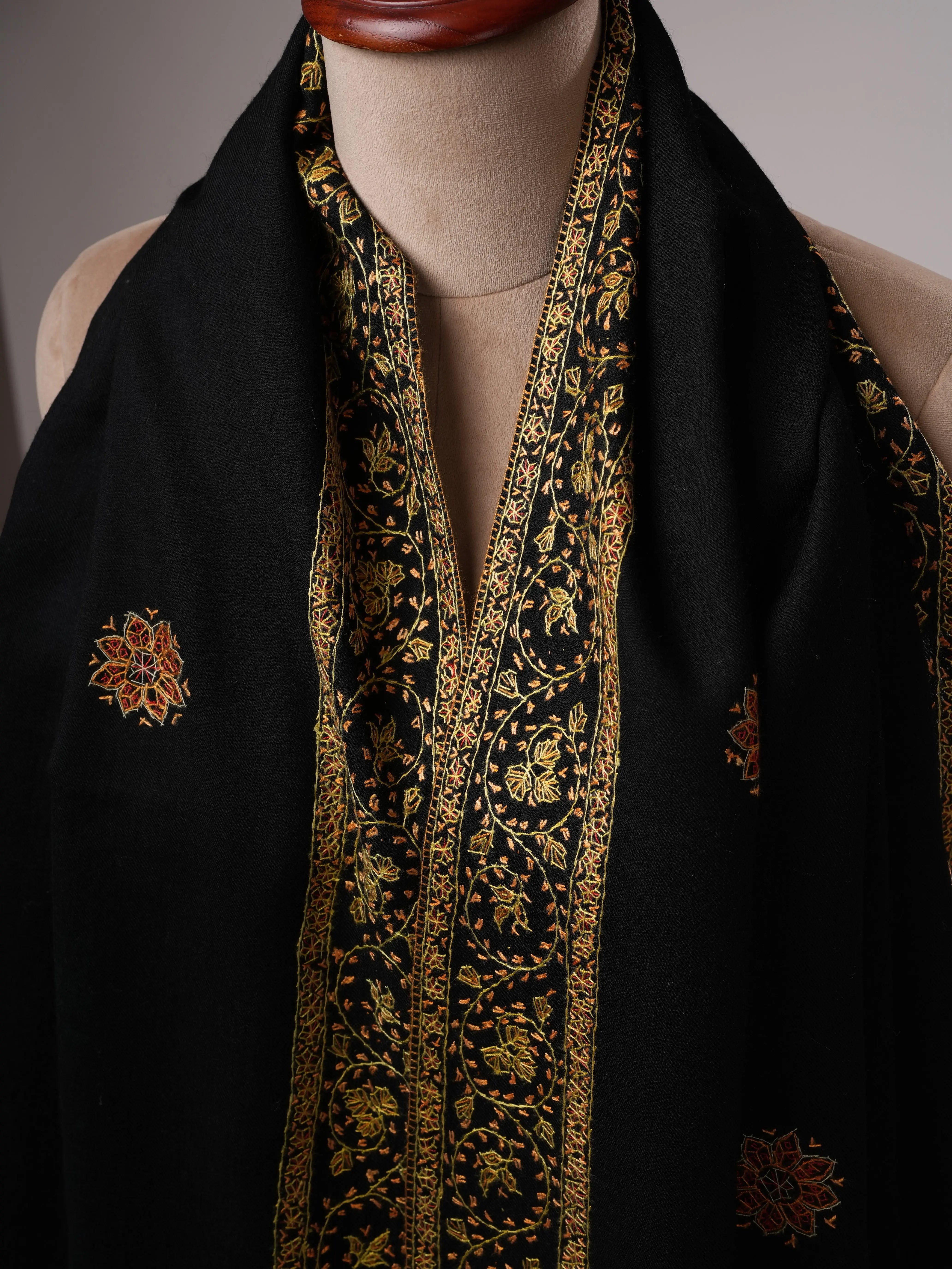 Fine Wool Black Shawl with Hand Embroidered Buteh Daur Motifs Shahkaar
