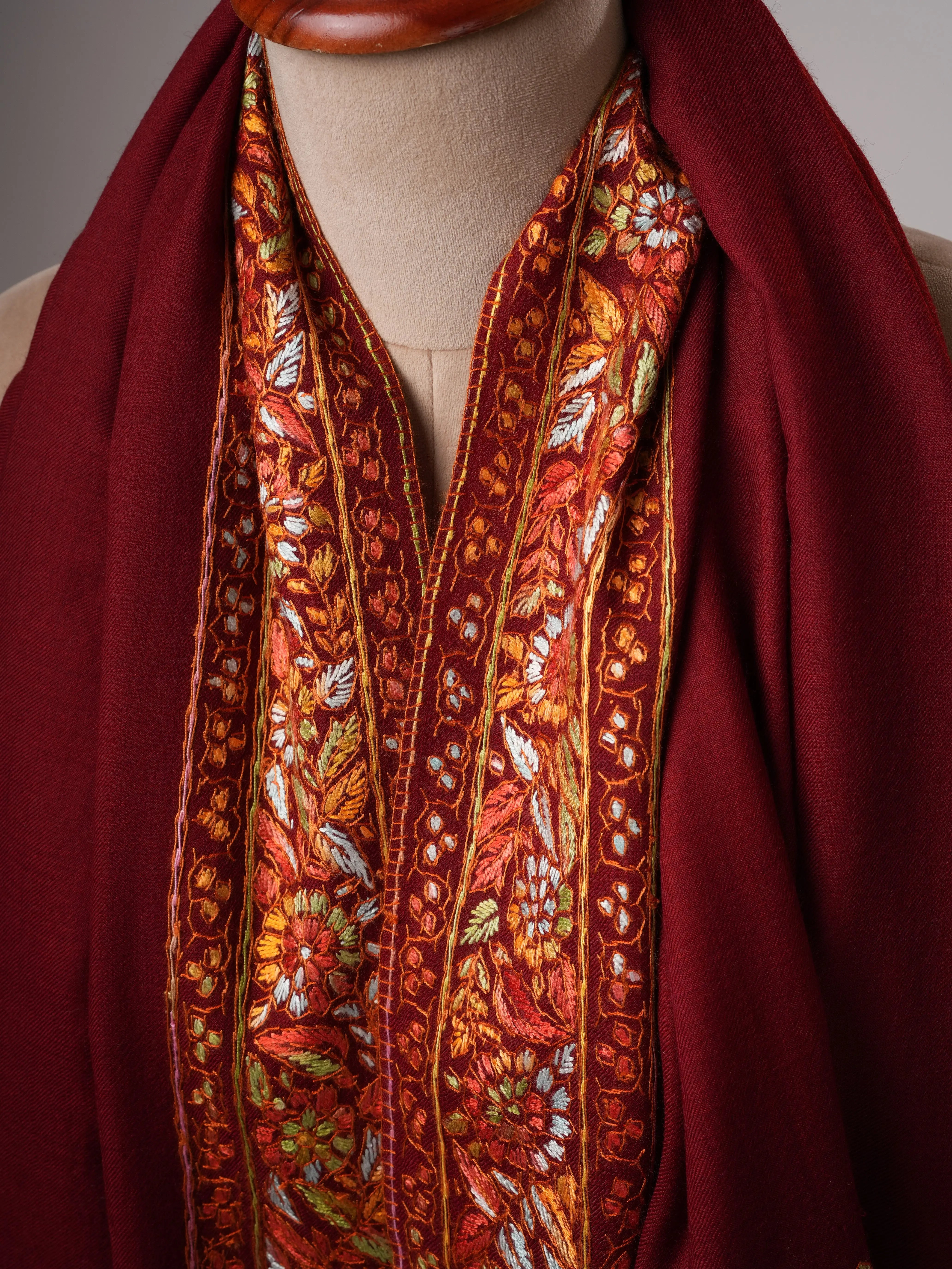 Handcrafted Maroon Fine Wool Shawl with Papier Machie Style Daur Embroidery Shahkaar