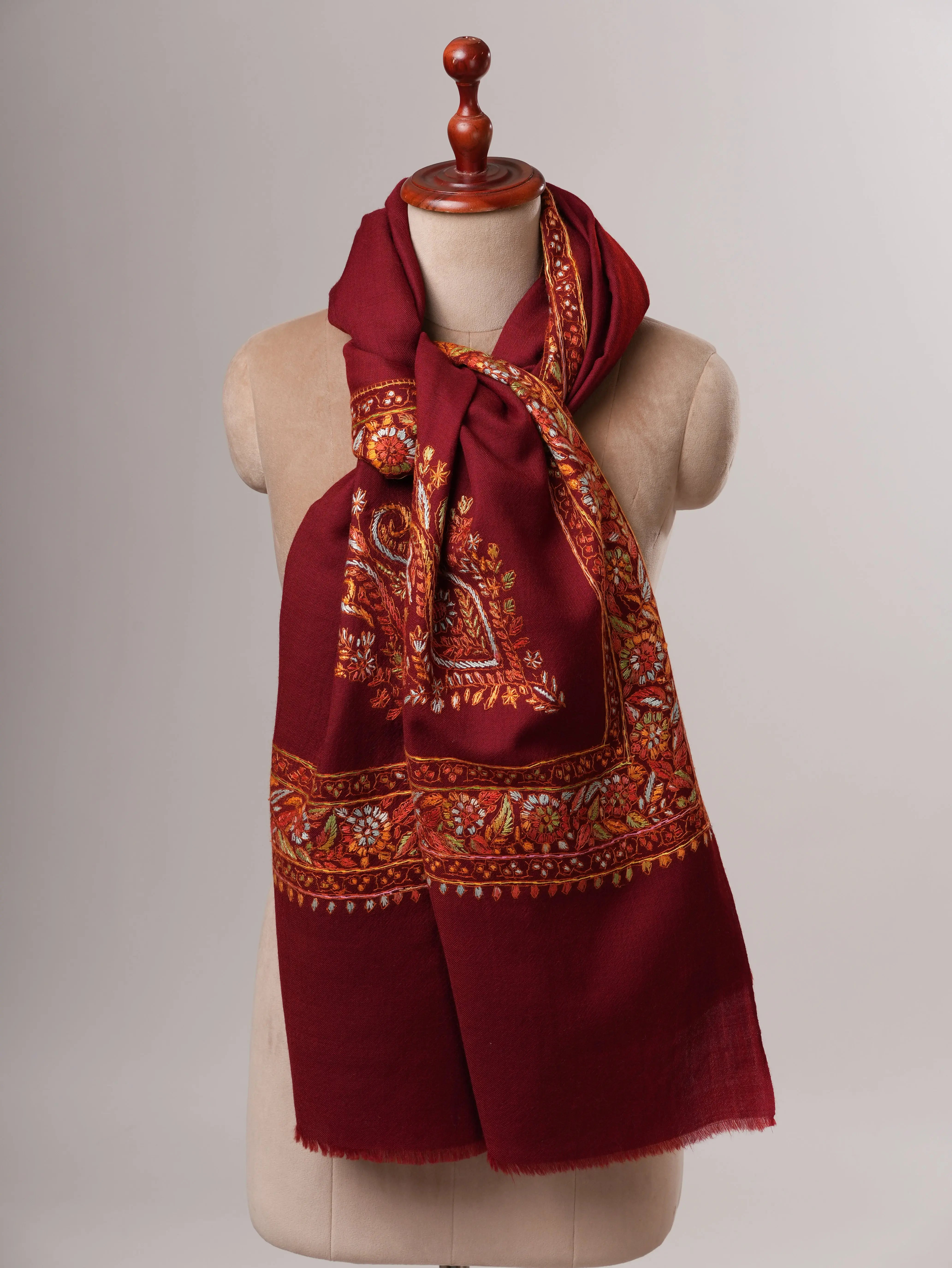 Handcrafted Maroon Fine Wool Shawl with Papier Machie Style Daur Embroidery Shahkaar