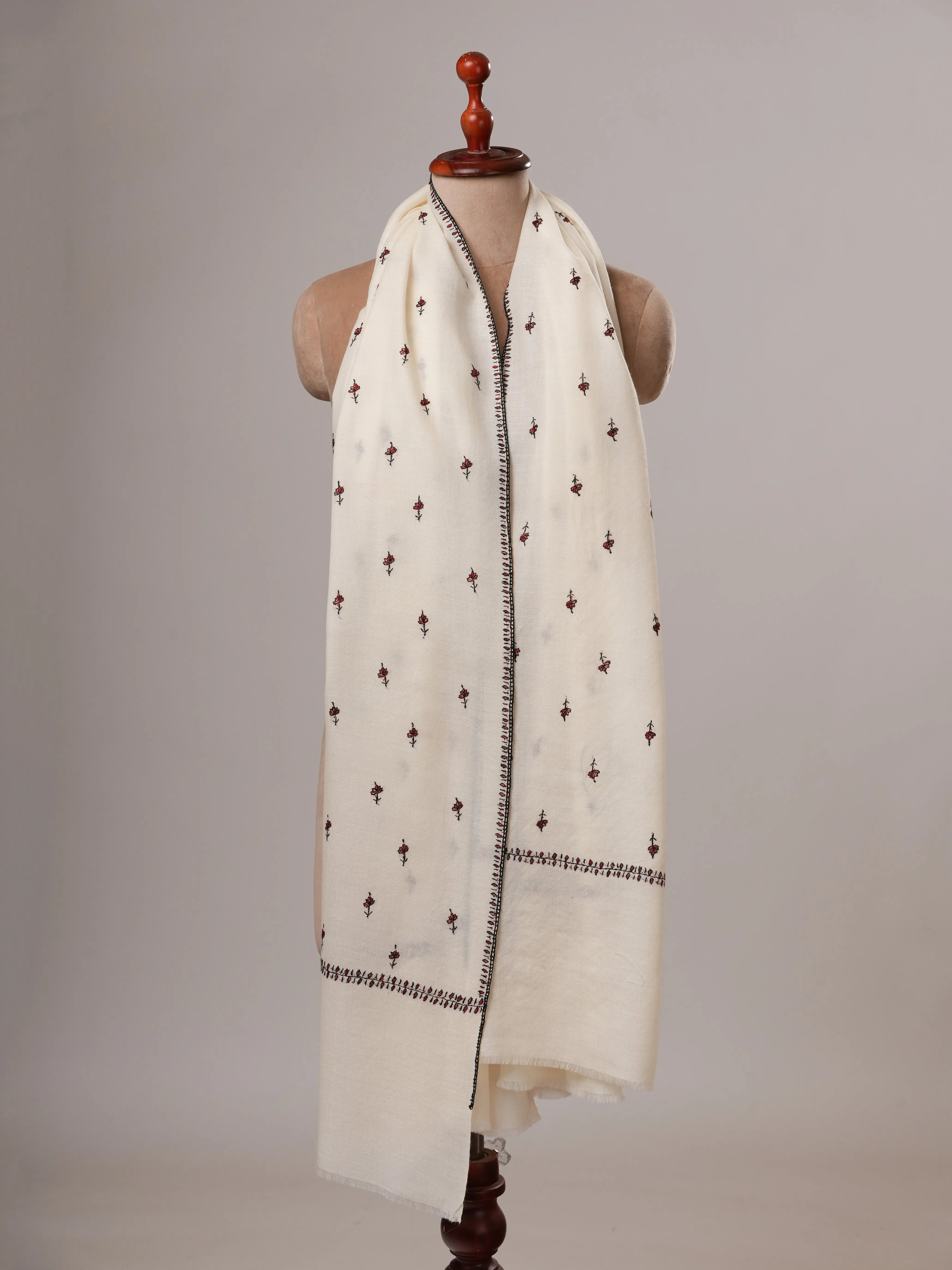 White Fine Wool Hand Embroidered Machie Booti Shawl Shahkaar
