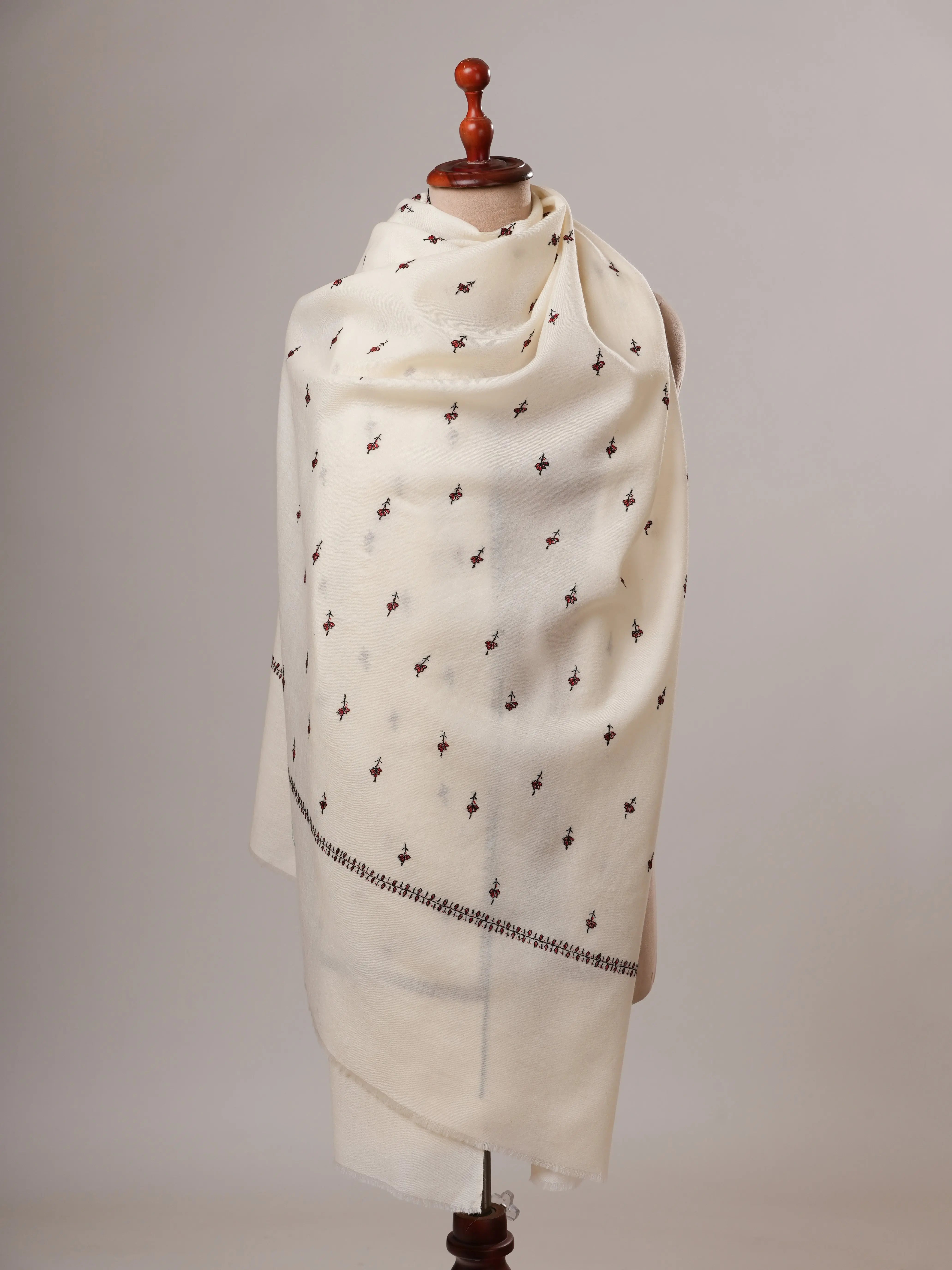 White Fine Wool Hand Embroidered Machie Booti Shawl Shahkaar