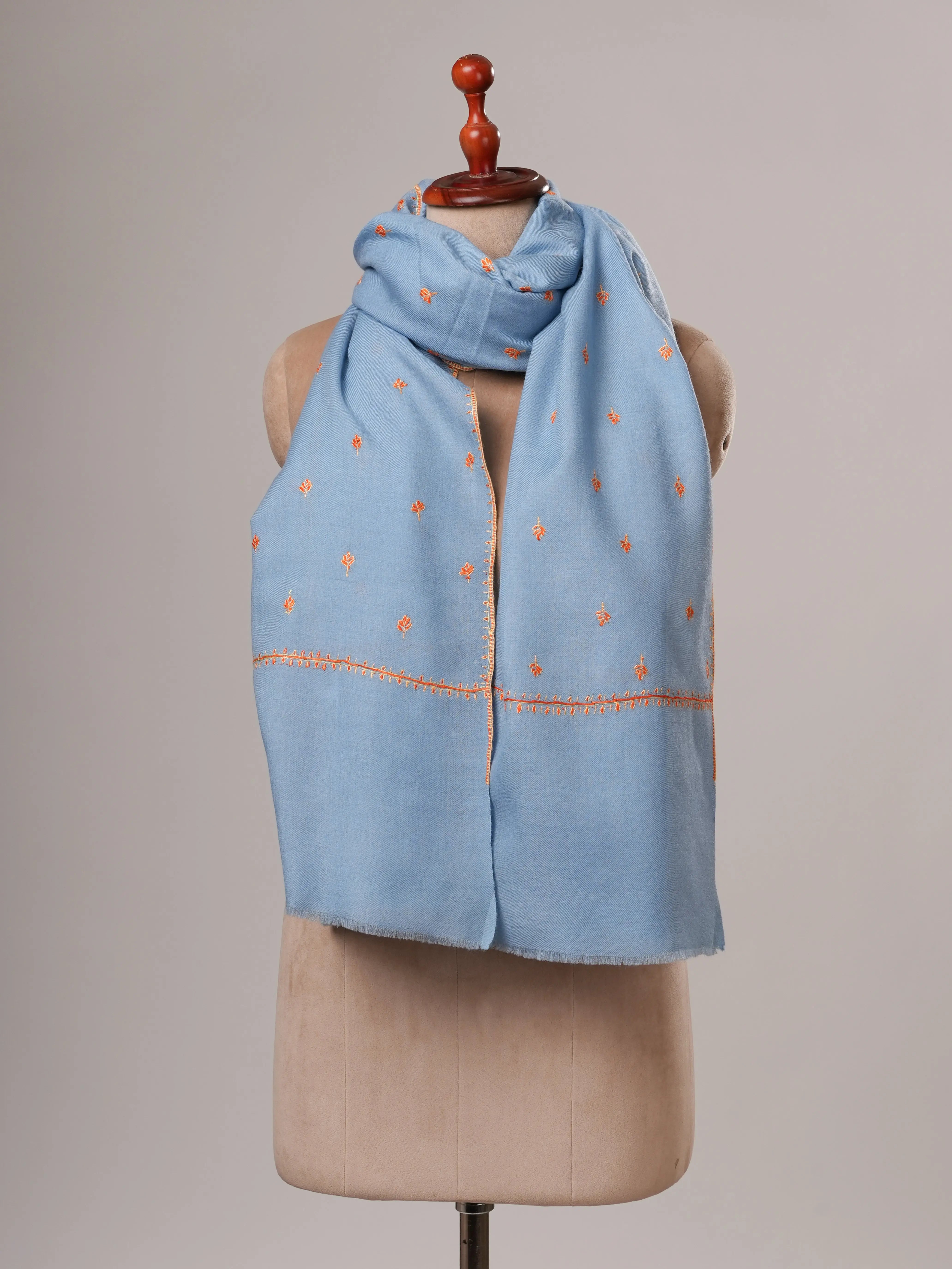 Baby Blue Fine Wool Machie Booti Shawl Shahkaar